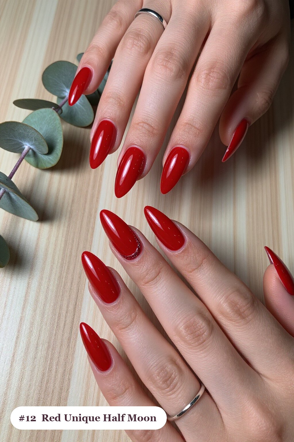 Long Stiletto Blood Red Nails Featuring a Half‑Moon Design and Glitter Crescent - unique halloween nails Long Stiletto Blood Red Nails Featuring a Half‑Moon Design and Glitter Crescent - unique halloween nails