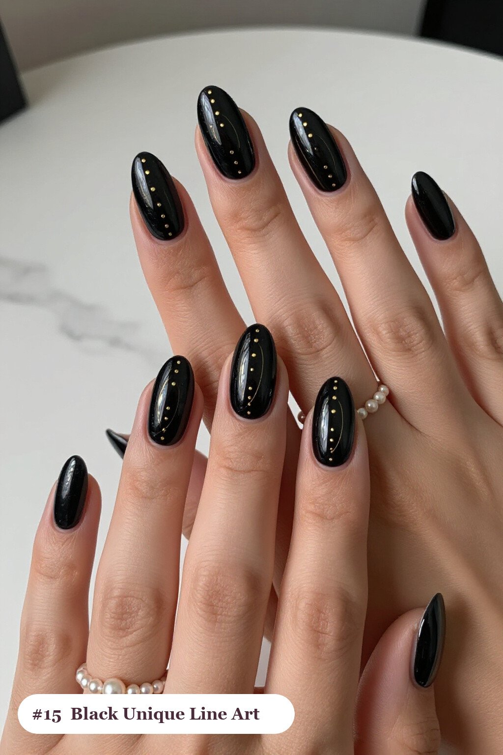 Long Coffin Black Nails with Fine Gold Line Art and Tiny Dotted Details - unique halloween nails Long Coffin Black Nails with Fine Gold Line Art and Tiny Dotted Details - unique halloween nails