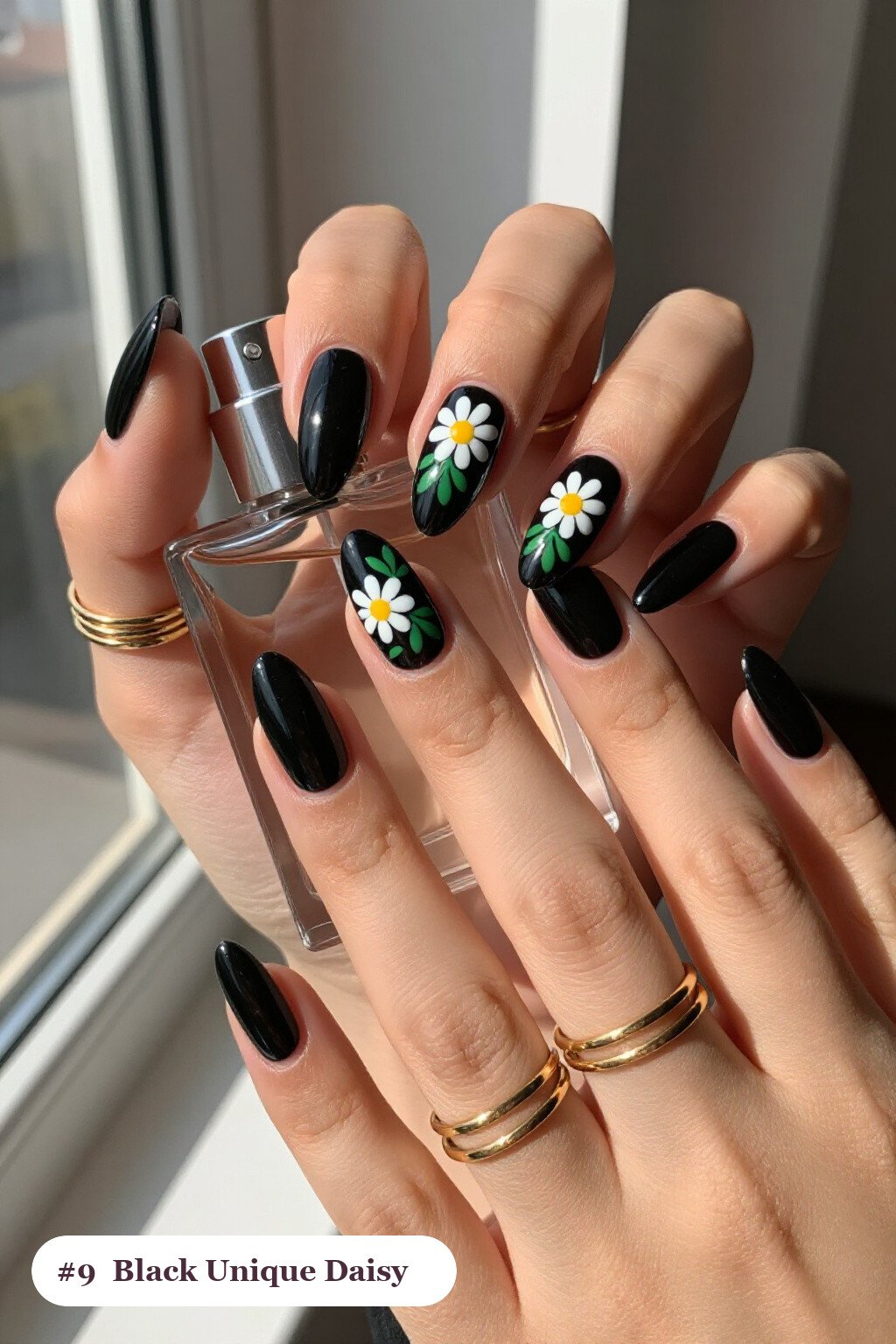 Long Almond Black Nails Hand‑Painted with Daisies and Green Leaves - unique halloween nails Long Almond Black Nails Hand‑Painted with Daisies and Green Leaves - unique halloween nails