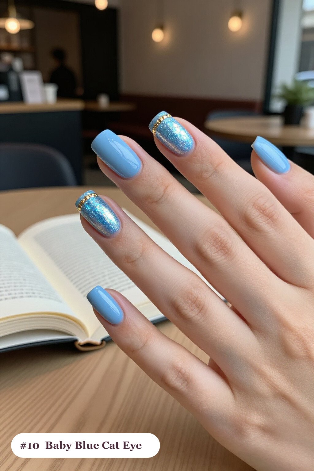 Glowing Shimmer Band Medium Square Baby Blue Nails - winter baby blue nails