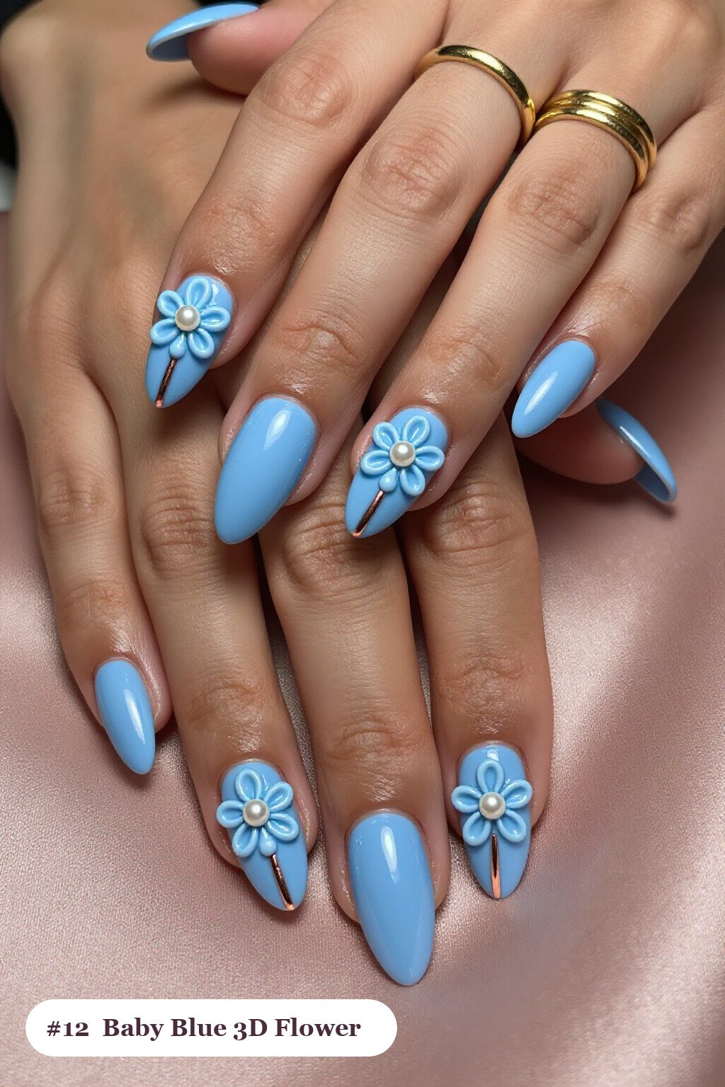 3D Flower Almond Baby Blue Nails with Rose Gold Details - winter baby blue nails