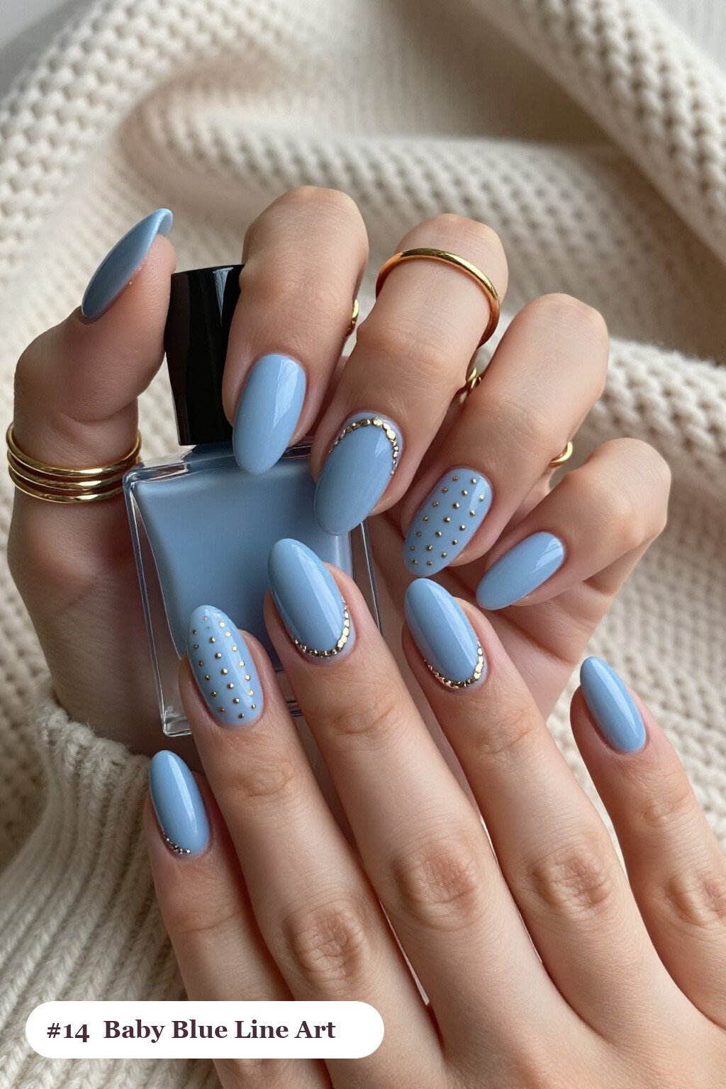 Fine Gold Line Art Almond Baby Blue Nails with Silver Chrome Details - winter baby blue nails