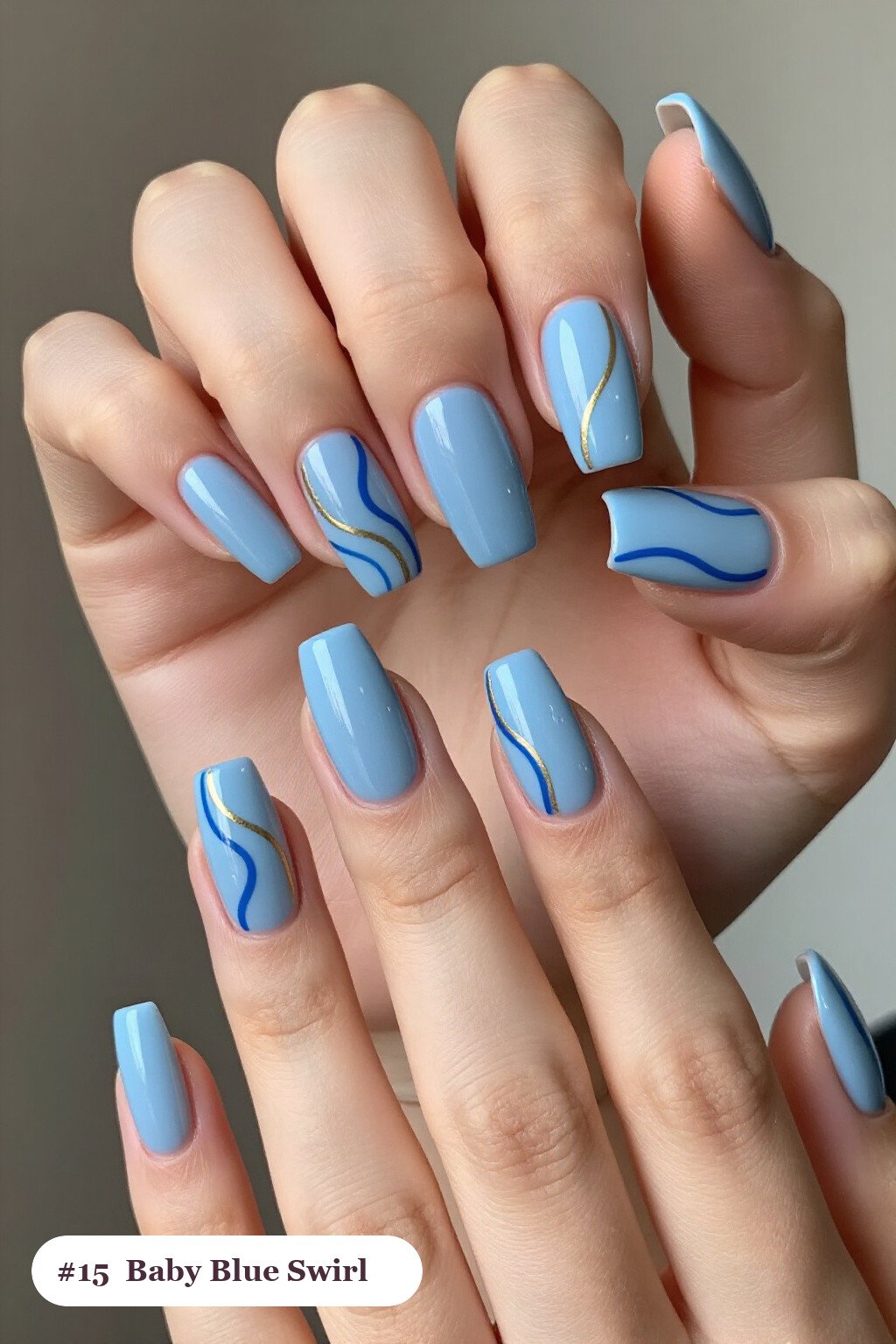 Swirl‑Line Hand‑Painted Square Baby Blue Nails: On Short Nails - winter baby blue nails