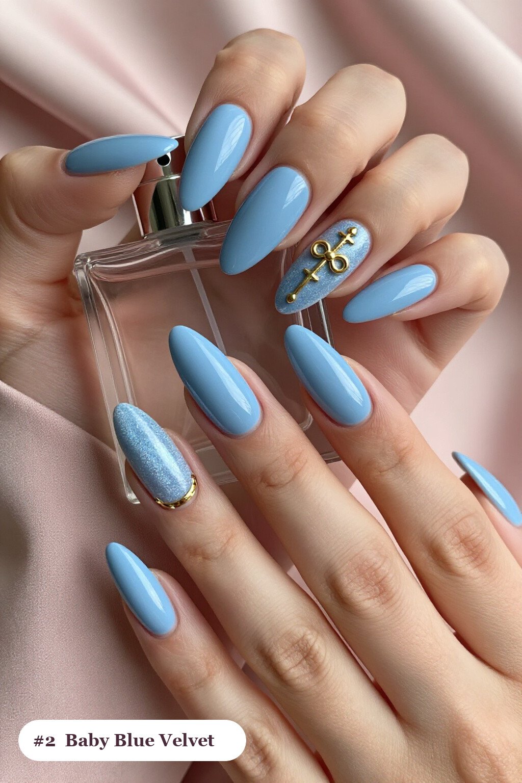 Velvet Shimmer Almond Baby Blue Nails with Gold Charm Accent - winter baby blue nails