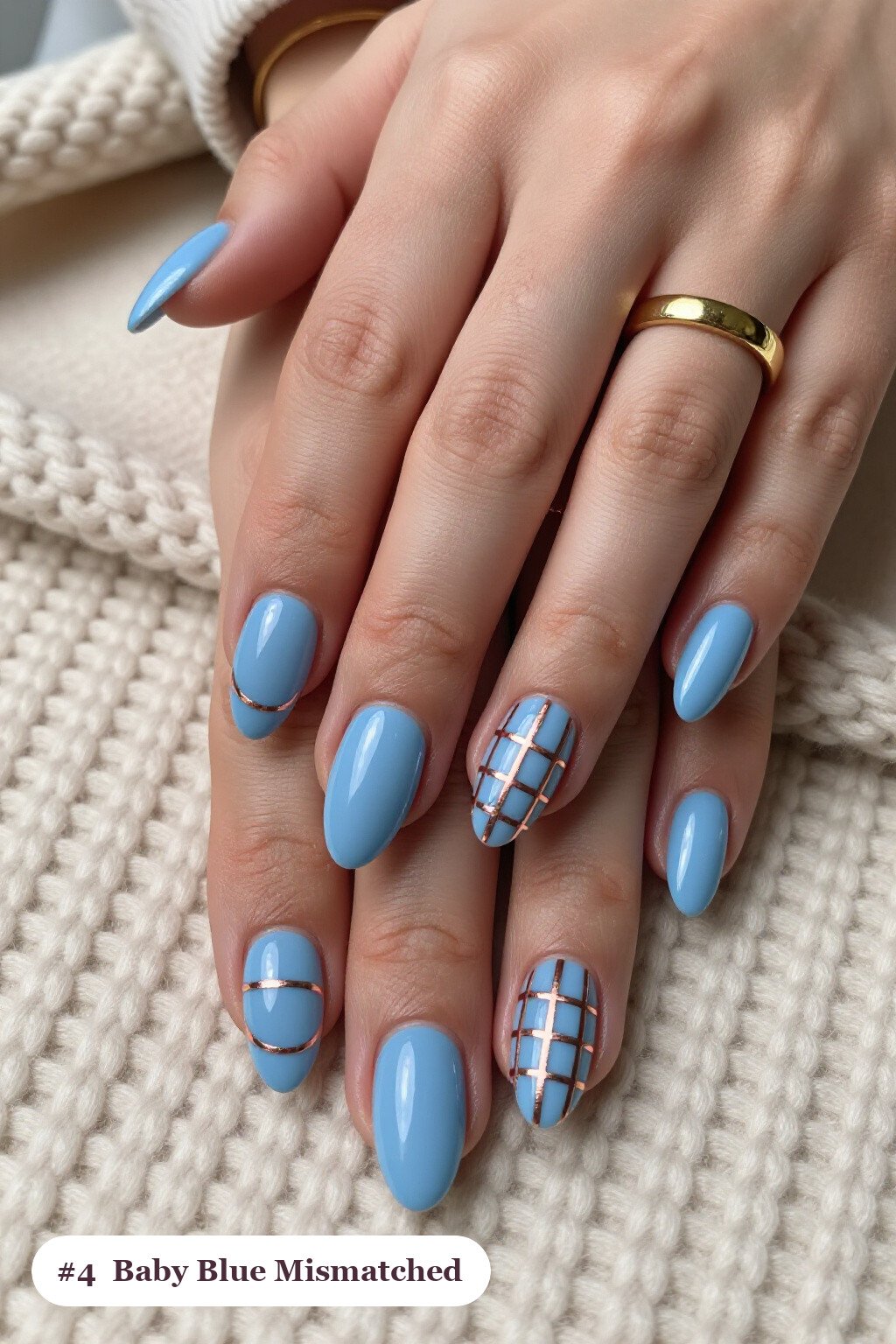 Mismatched Almond Baby Blue Set with Rose Gold Accents - winter baby blue nails