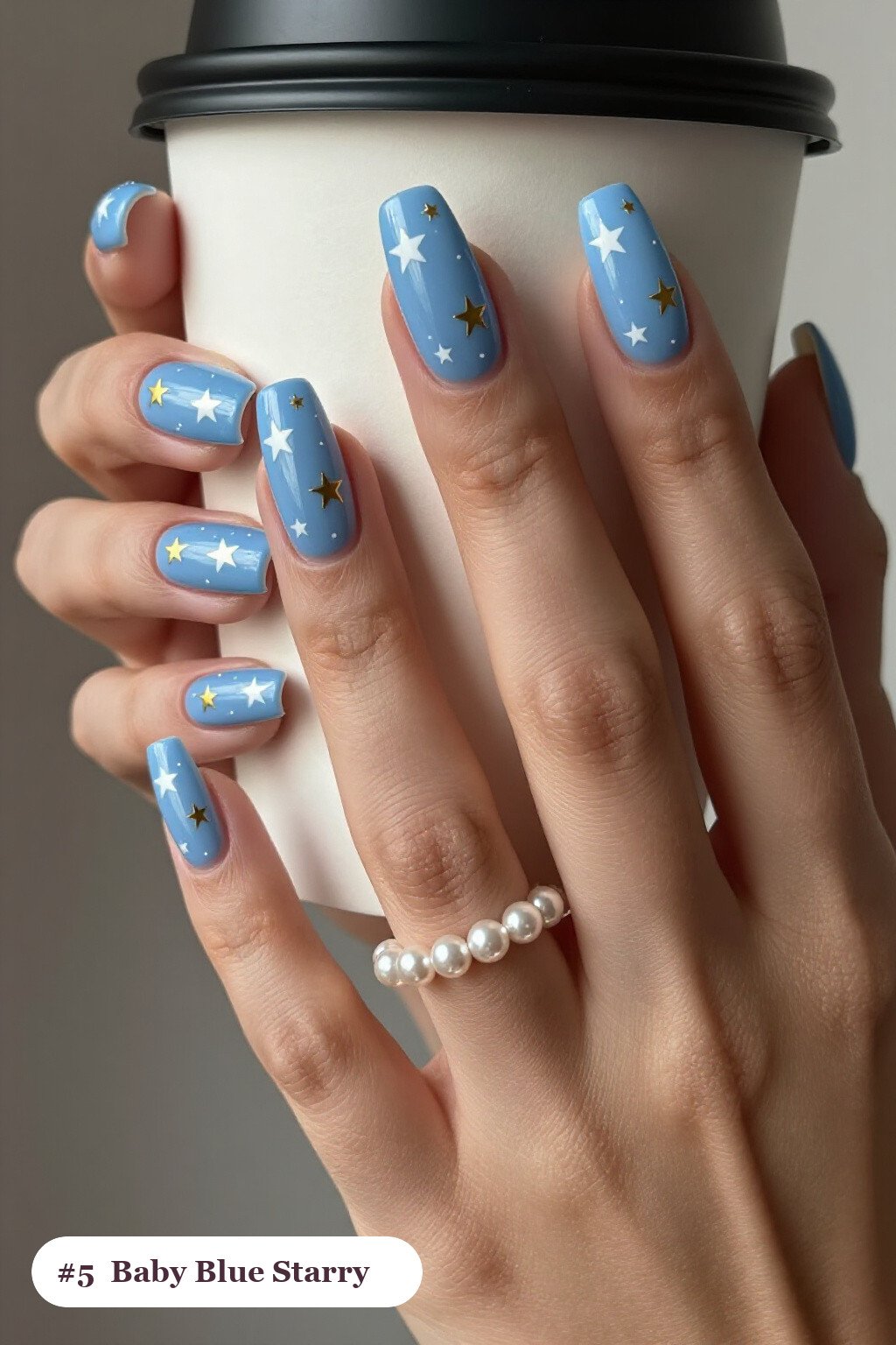 Star‑Studded Square Baby Blue Nails with Pearl Details - winter baby blue nails