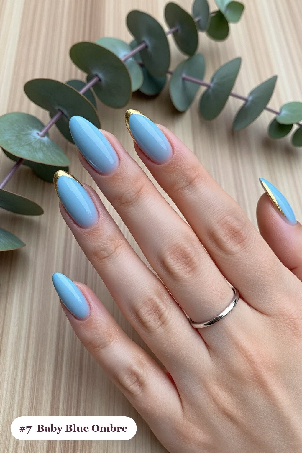 Ombre Ballerina Baby Blue Nails with Gold Details - winter baby blue nails
