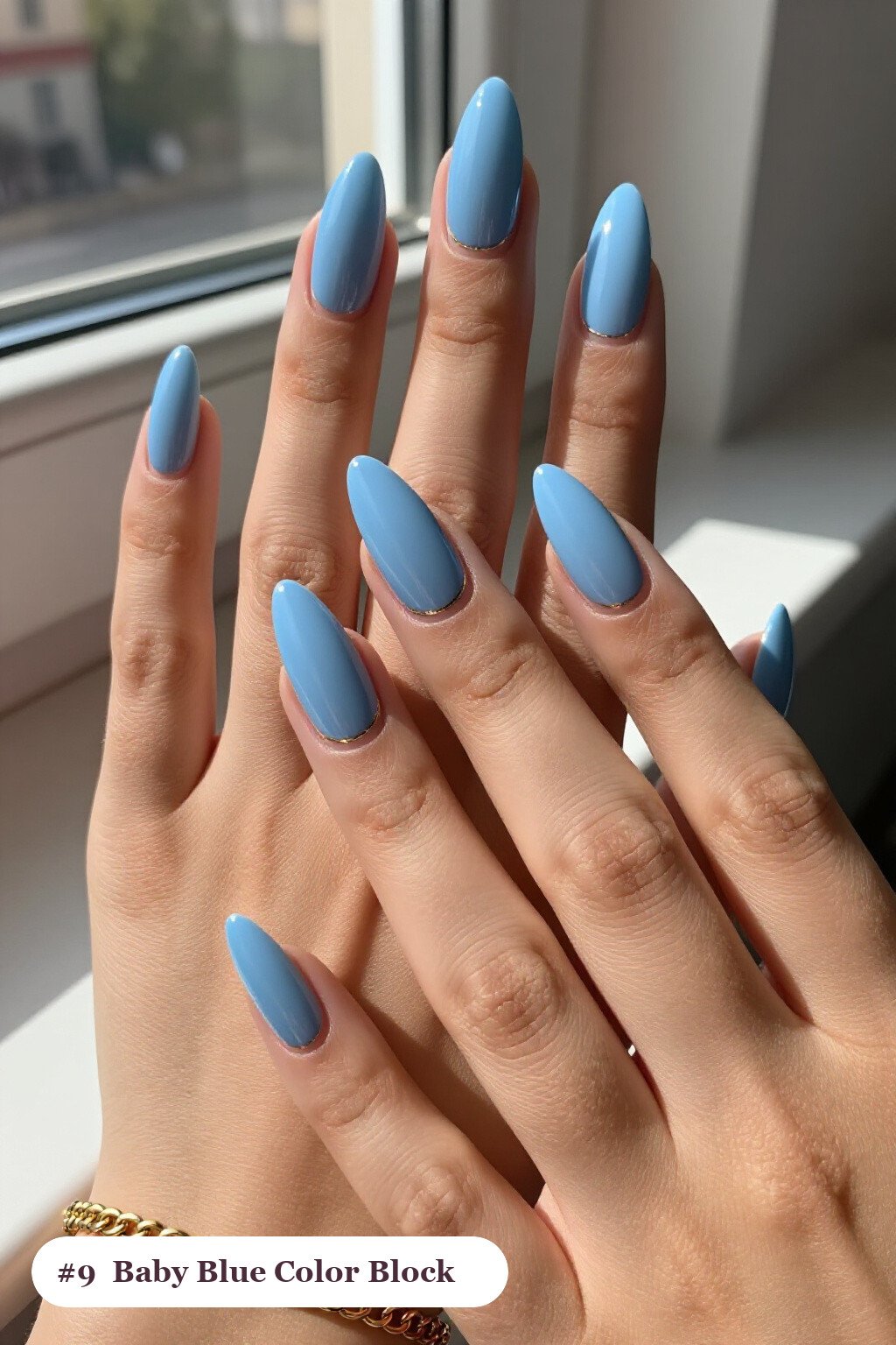 Diagonal Colour‑Block Stiletto Baby Blue Nails with Thin Gold Line - winter baby blue nails