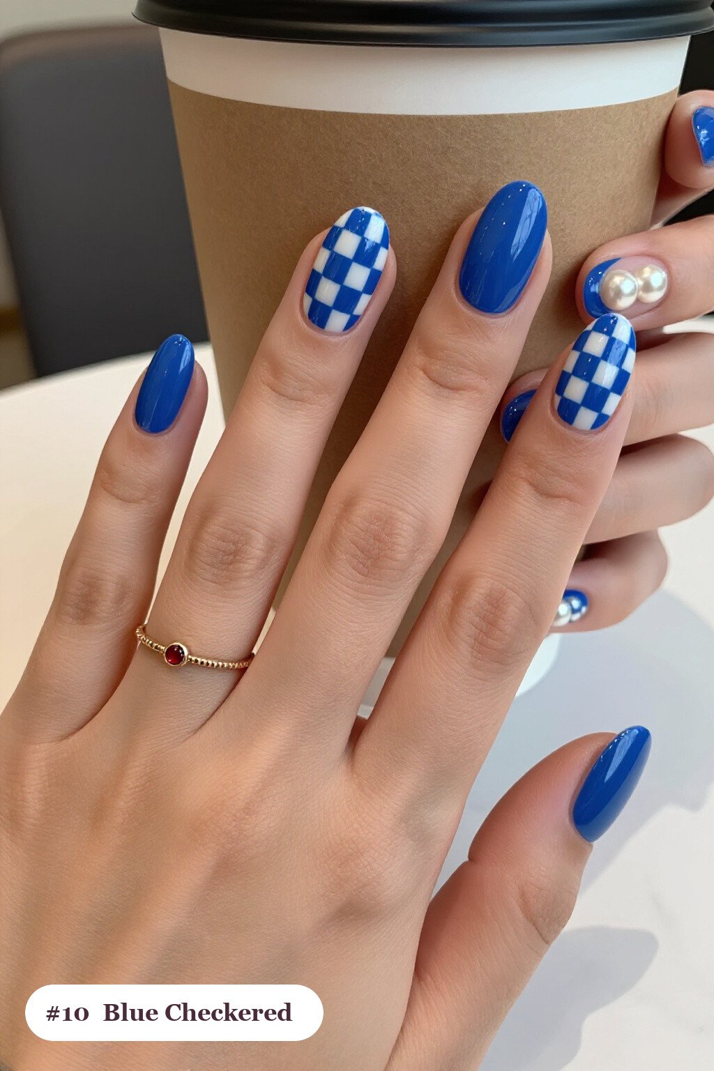 Bold Checkerboard Medium Oval Nails with Pearl Details: How to Make It Last Longer - winter blue nails