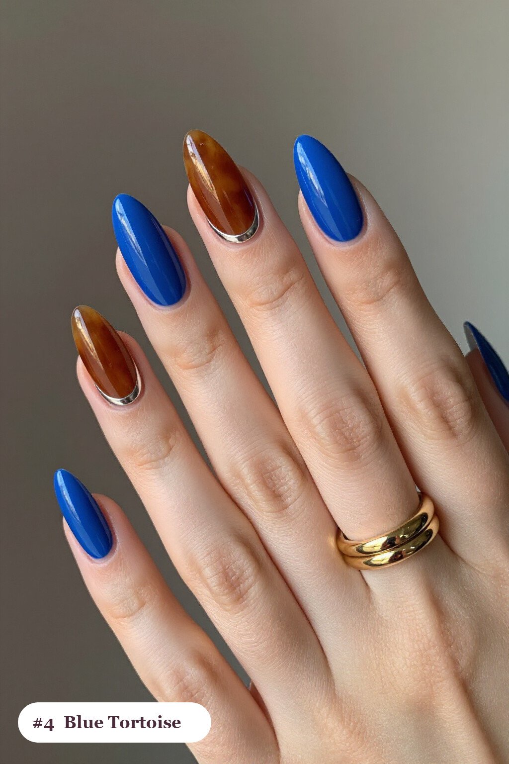 Amber Tortoiseshell Accents on Long Ballerina Nails with Silver Chrome - winter blue nails