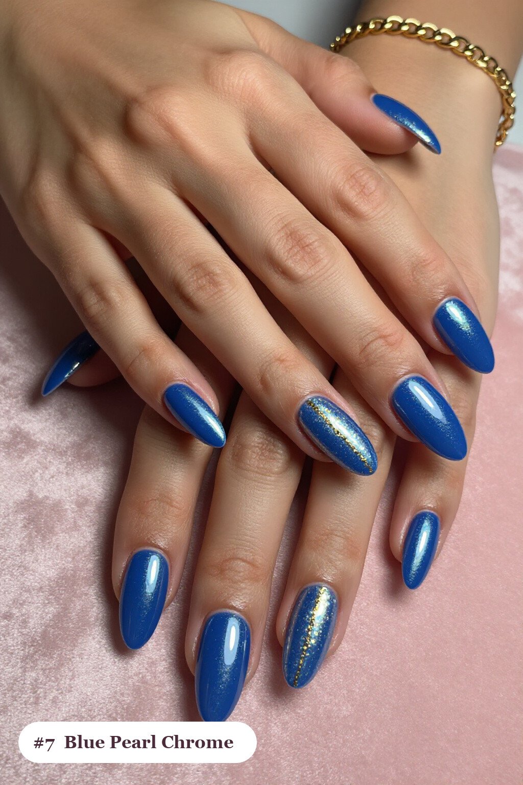 Iridescent Pearl‑Chrome Long Coffin Nails with Gold Highlights - winter blue nails