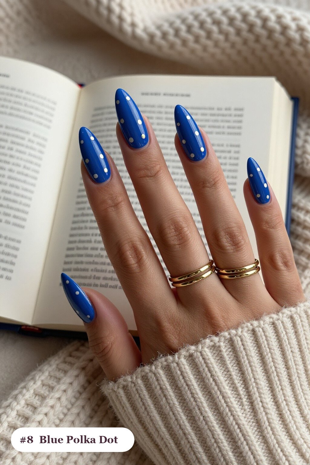 Playful Polka‑Dot Long Stiletto Nails in Two Colours with Champagne Sparkle - winter blue nails