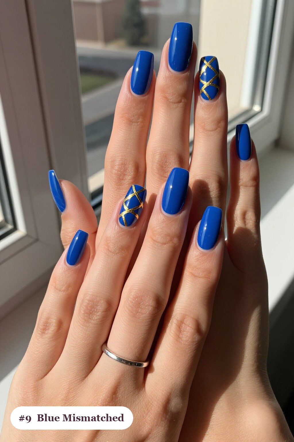 Mismatched Long Square Nails in a Unified Blue Palette with Gold Details - winter blue nails