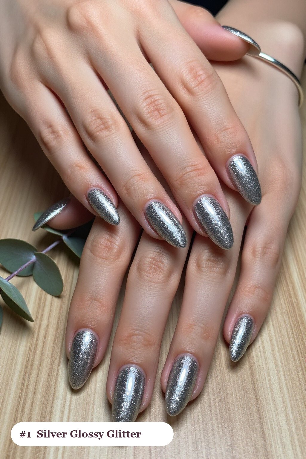 Long coffin silver glitter nails with sparkling glitter clearly visible on every nail, glossy and flawless, perfect for winter - winter glitter nails