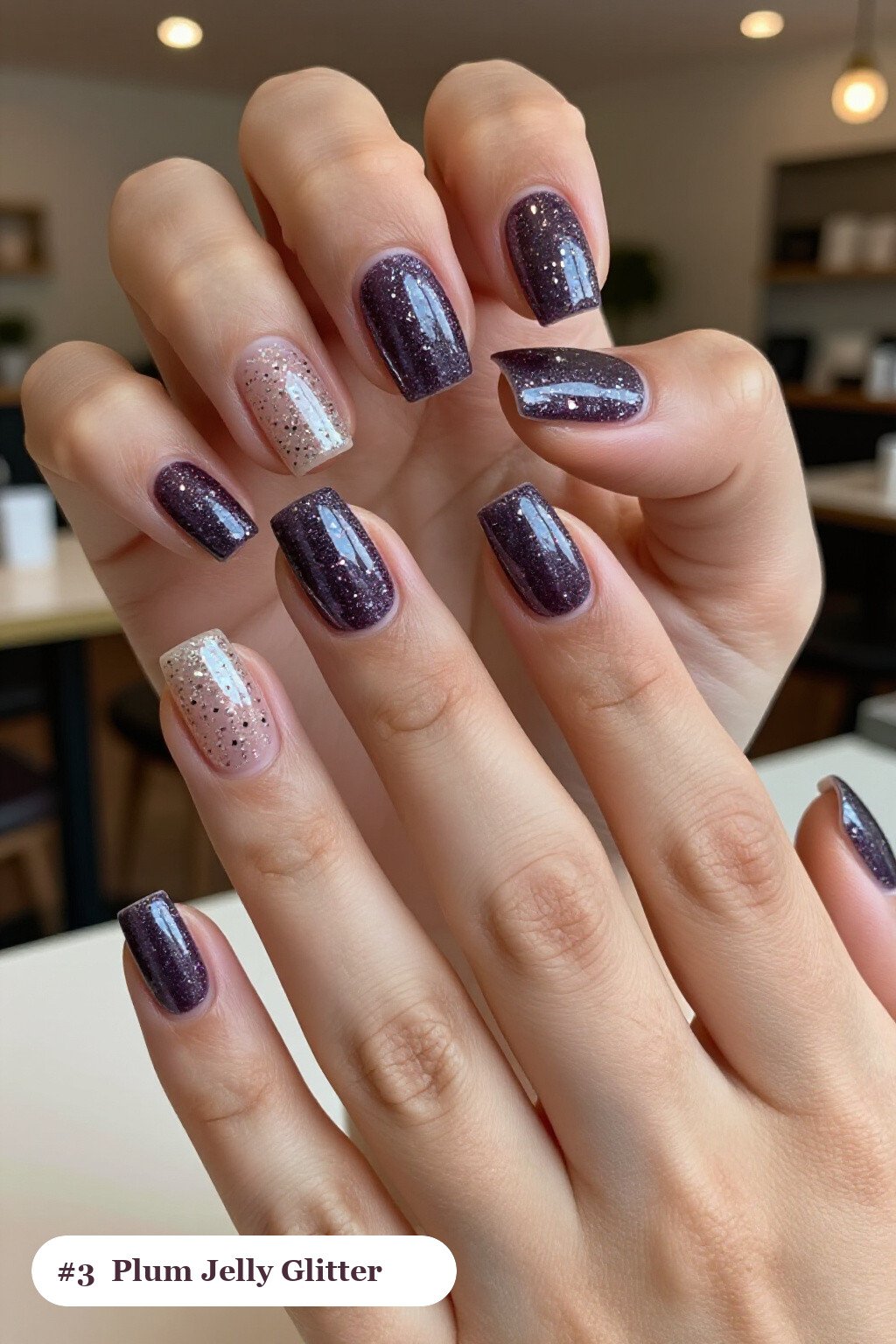 Medium square plum glitter nails with sparkling glitter clearly visible on every nail, styled with a see-through jelly finish with encapsulated glitter, perfect for winter - winter glitter nails