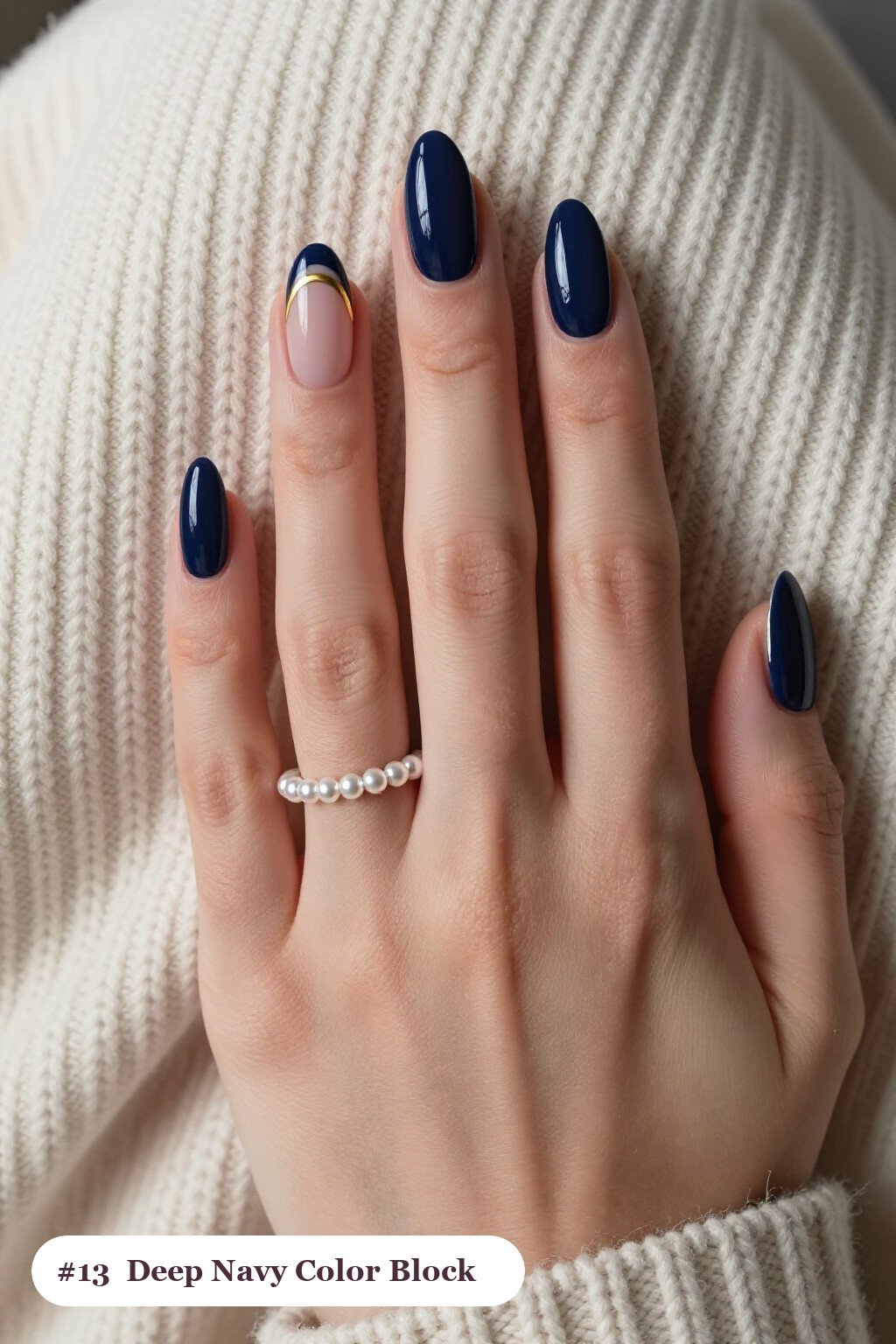Navy Almond Colour‑Block with Gold Divider - winter holiday nails