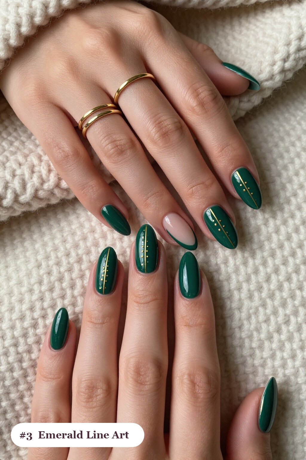Emerald Almonds with Gold Line Art - winter holiday nails