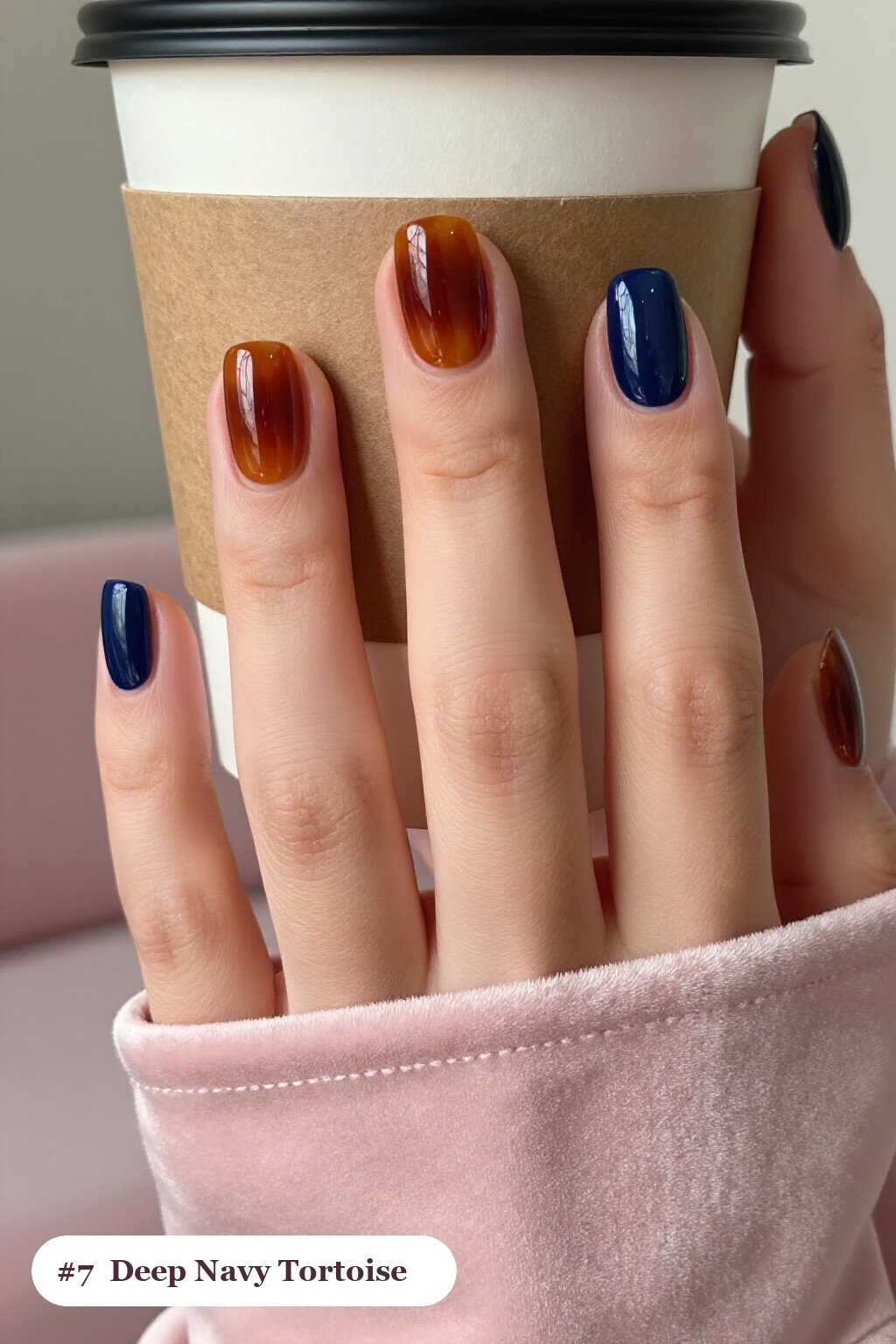 Deep Navy Squares with Amber Tortoiseshell Accents - winter holiday nails