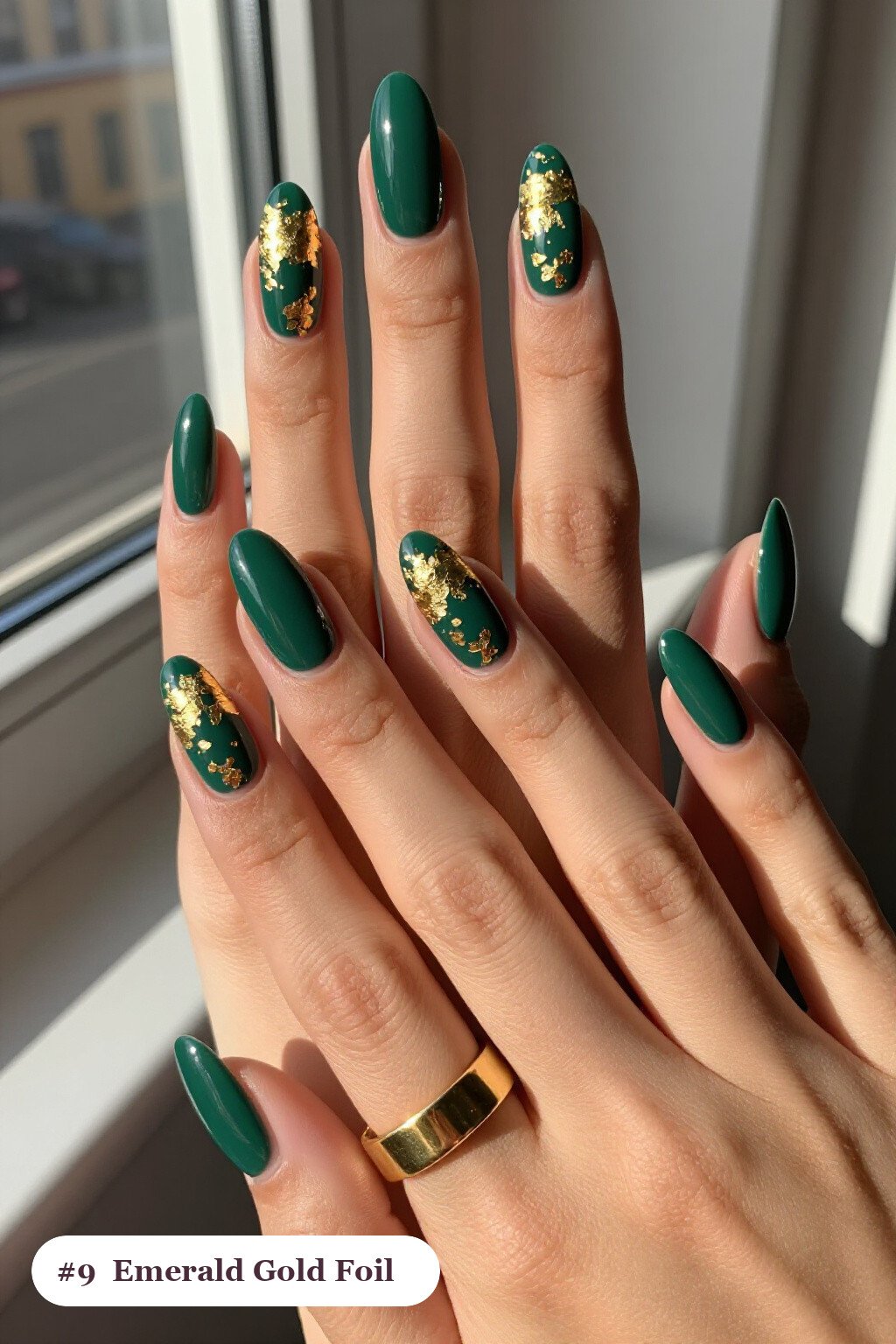 Gold‑Foil Emerald Coffins - winter holiday nails