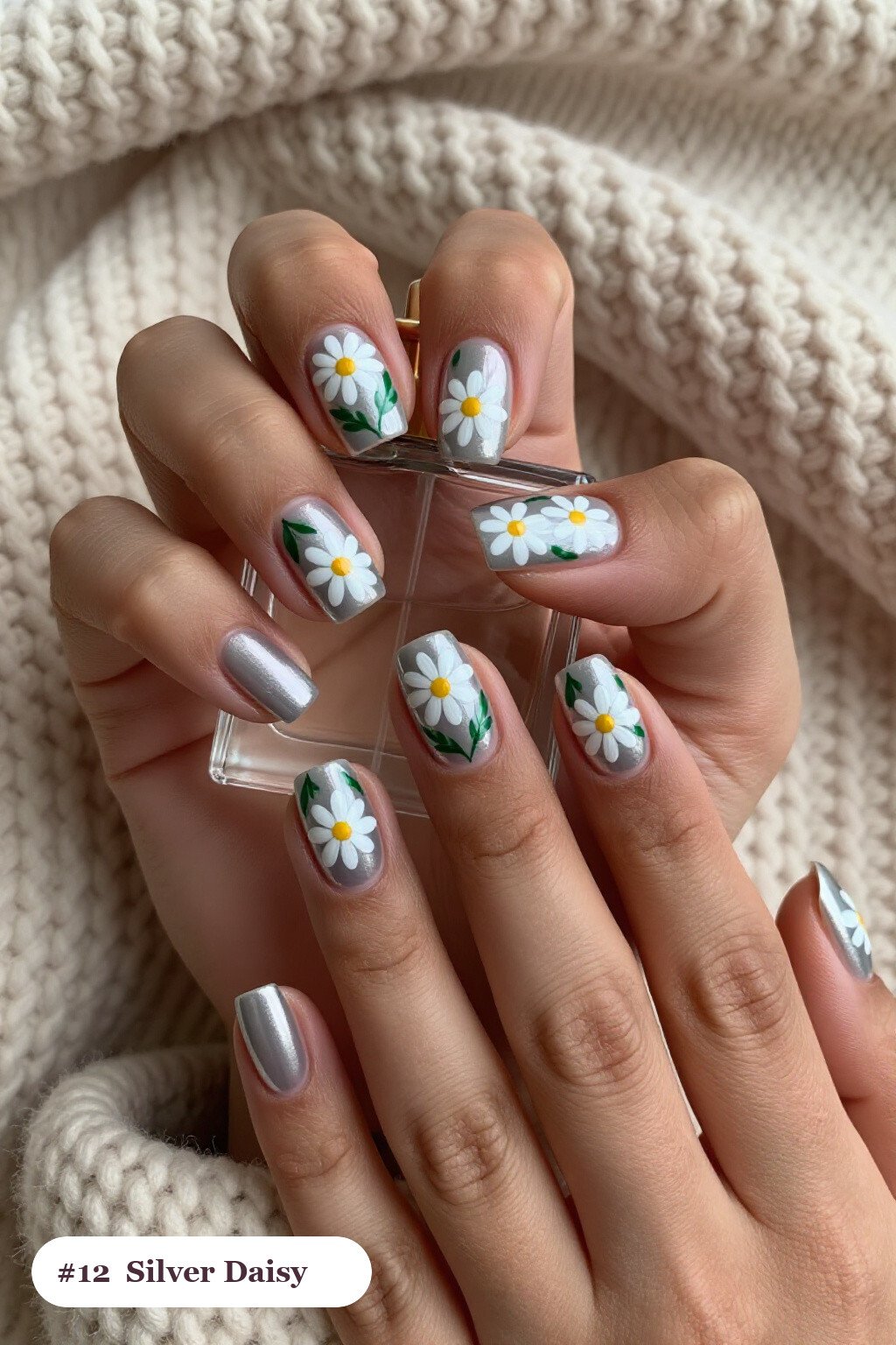 Short Square Silver Nails Hand‑Painted with Daisies and Green Leaves: On Short Nails - winter nails