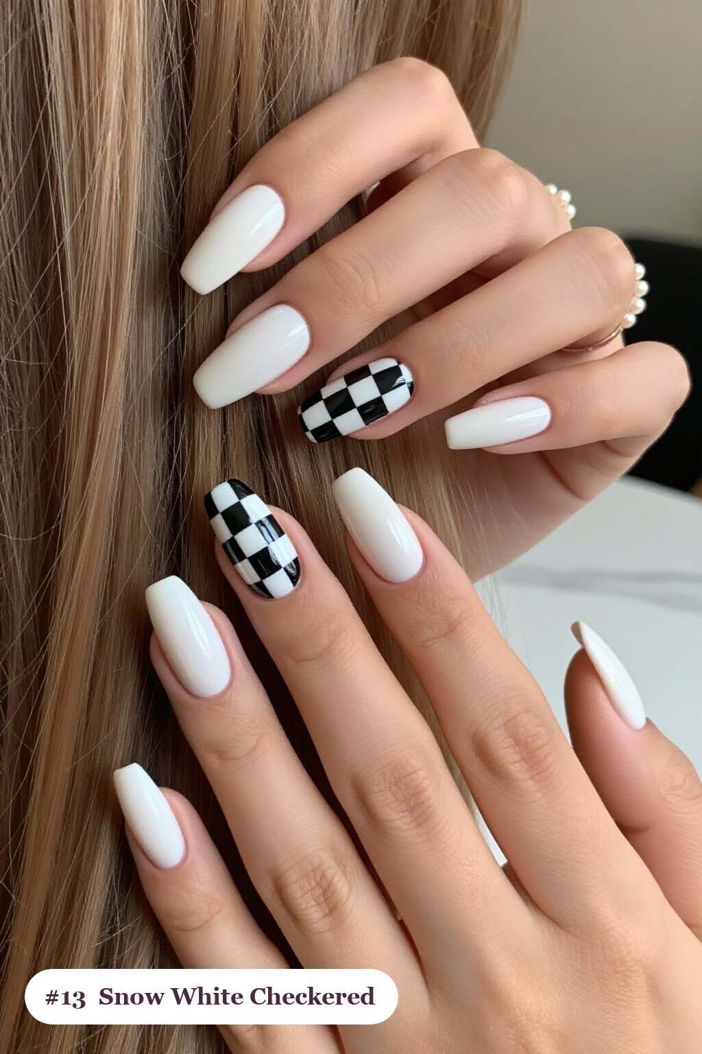 Snow White Long Coffin Winter Nails with Bold Checkerboard Accent Pair - winter nails