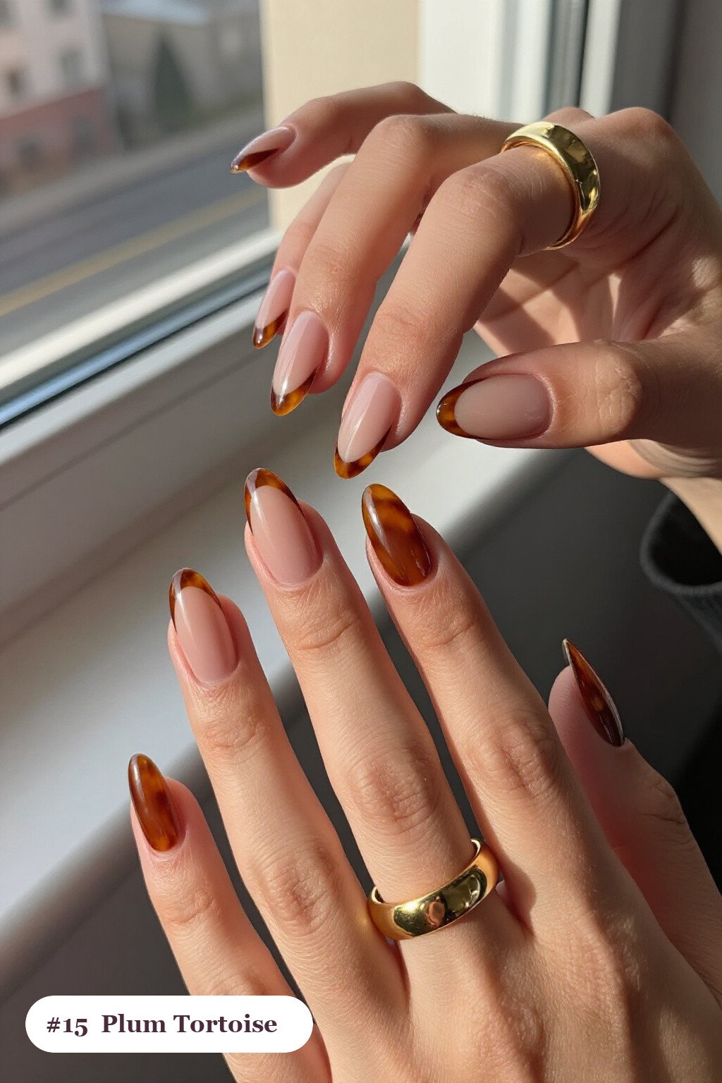 Plum Long Almond Nails Featuring Glossy Amber Tortoiseshell Accents - winter nails