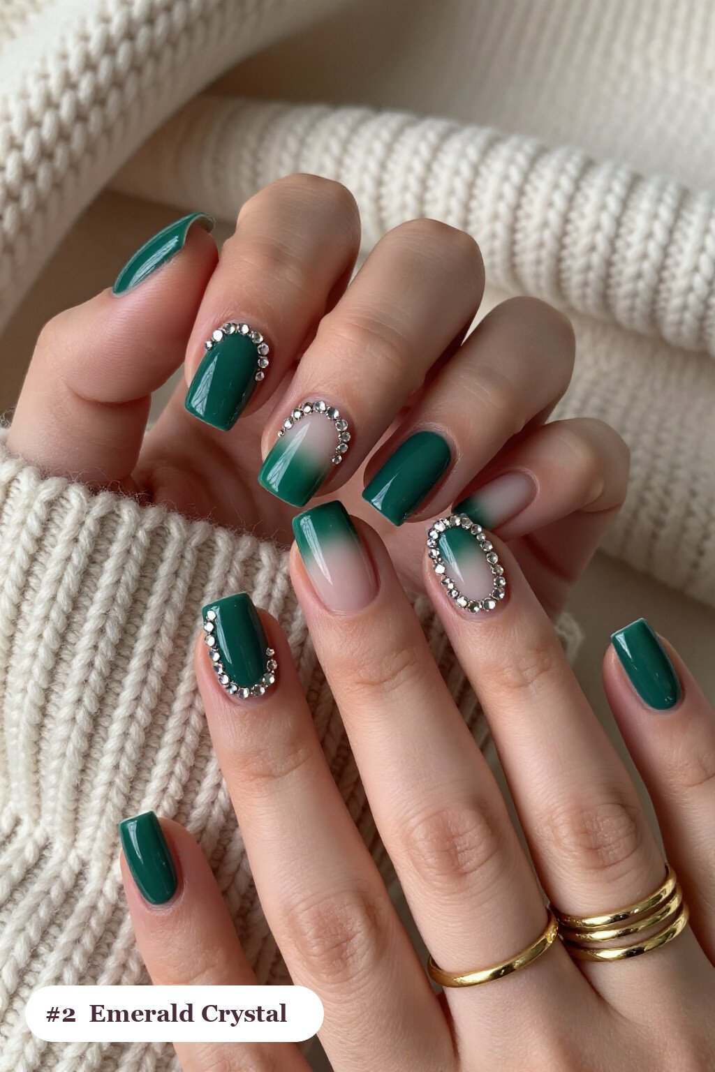 Emerald Short Square Nails Sparkled with Crystal Rhinestones - winter nails