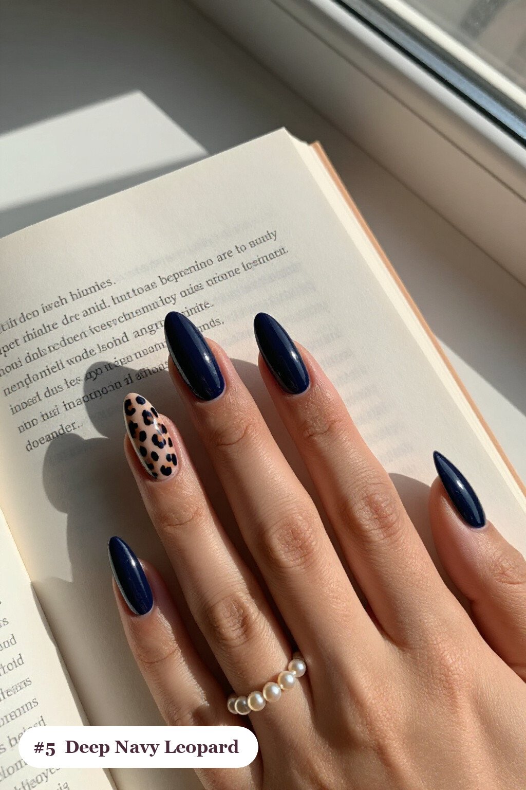 Deep Navy Long Almond Nails with Leopard Print Accent Nails - winter nails