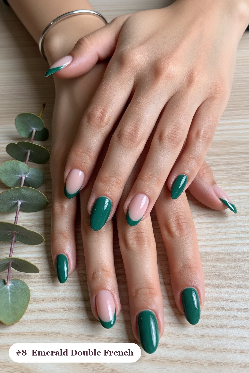 Emerald Medium Almond Winter Nails with Double‑Line French Tips in Two Tones - winter nails