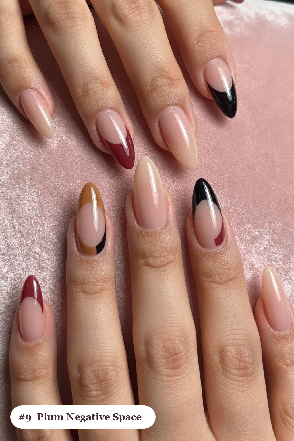 Plum Long Stiletto Nails in Negative‑Space Design with Nude Windows - winter nails