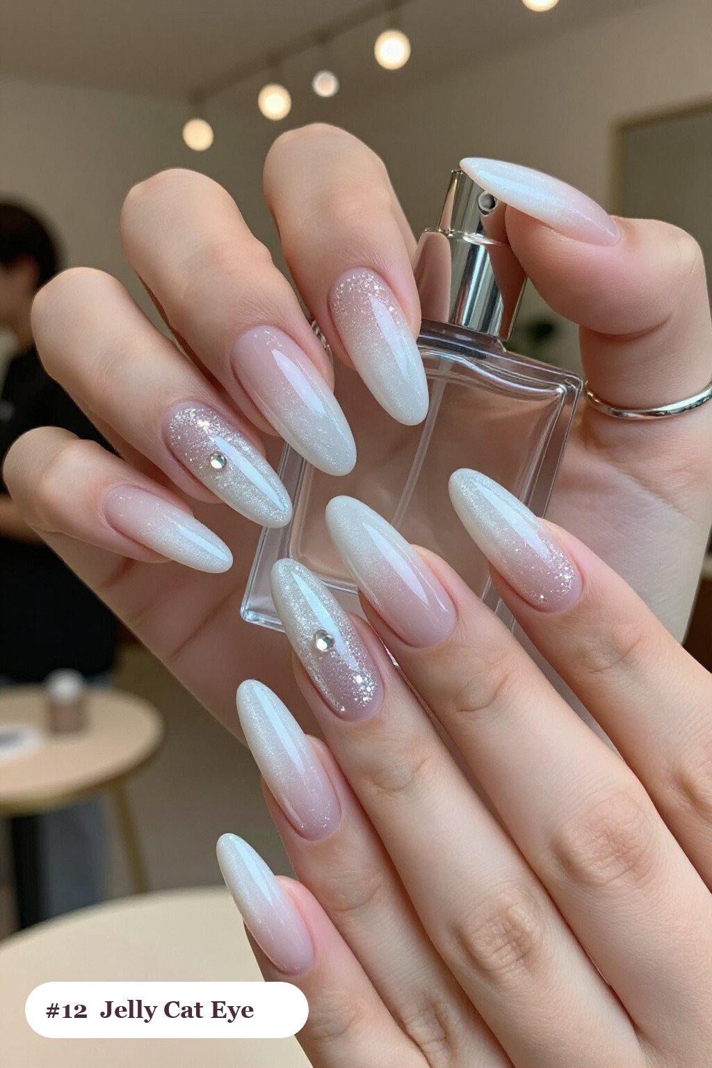 Snow White Ballerina Cat Eye Nails with Jelly Encapsulated Glitter - winter nails cat eye