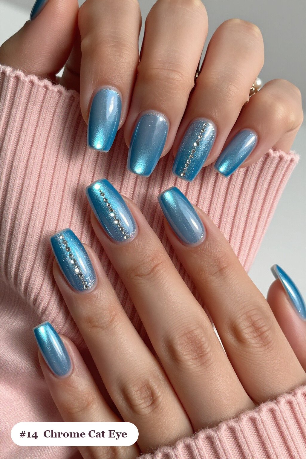 Icy Blue Square Cat Eye Nails with Liquid Chrome Mirror Finish - winter nails cat eye