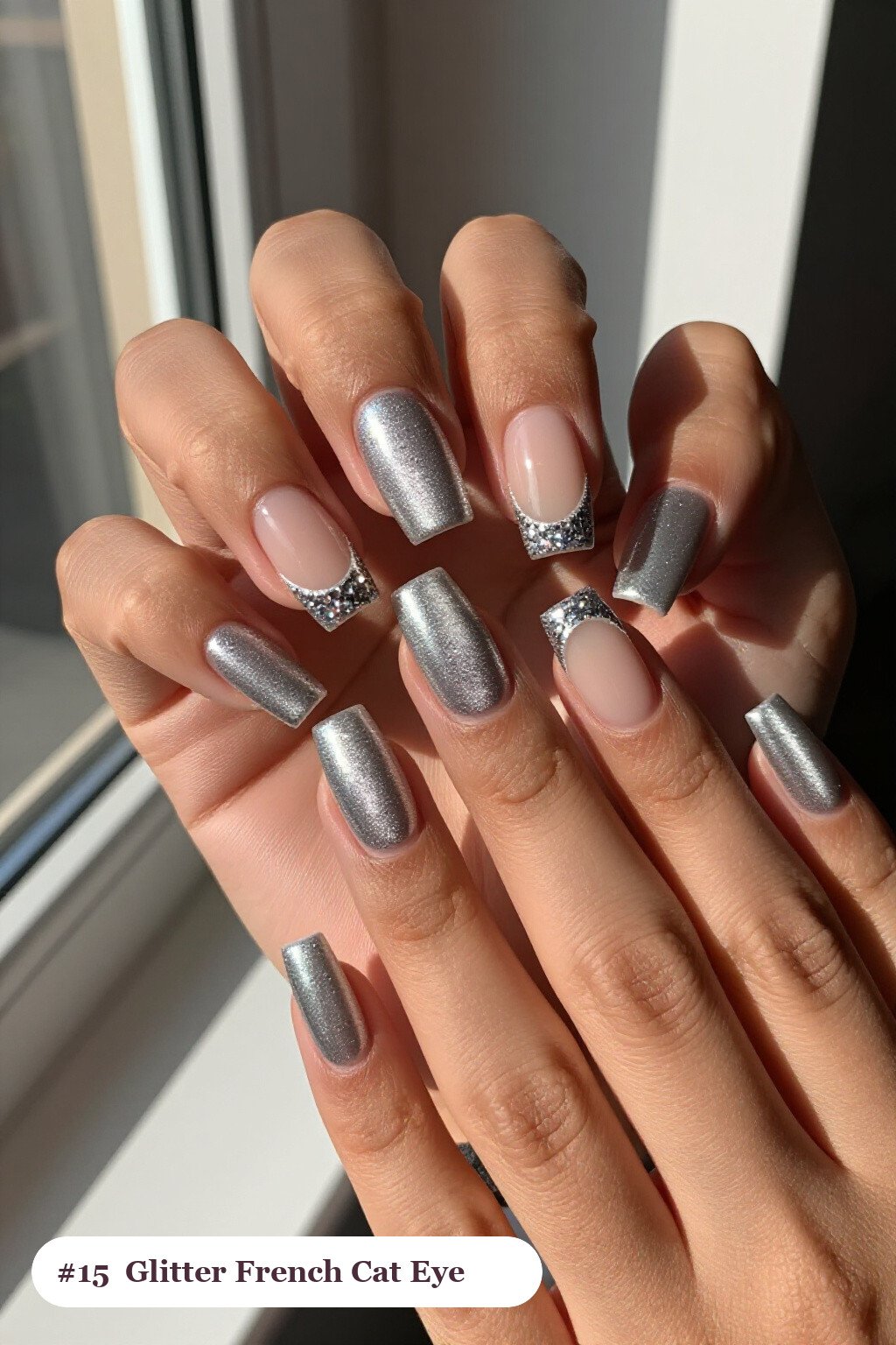 Silver Short Square Cat Eye Nails with Glitter‑Packed French Tips - winter nails cat eye