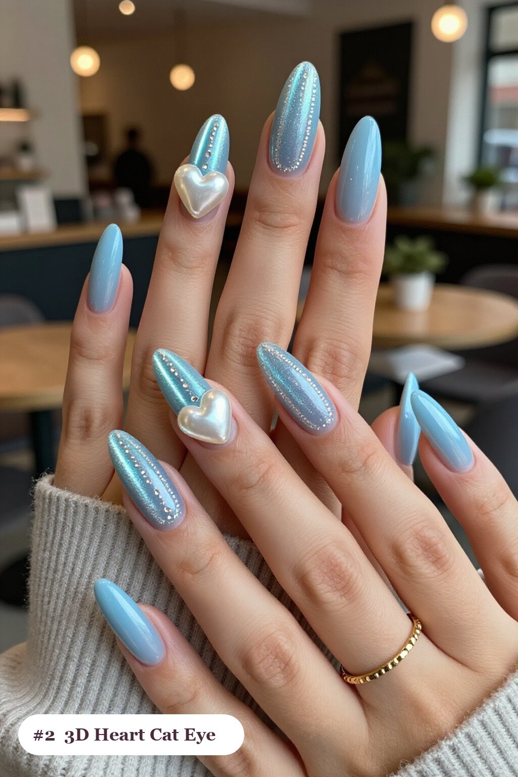 Icy Blue Ballerina Cat Eye Nails with 3D Hearts and Pearls - winter nails cat eye