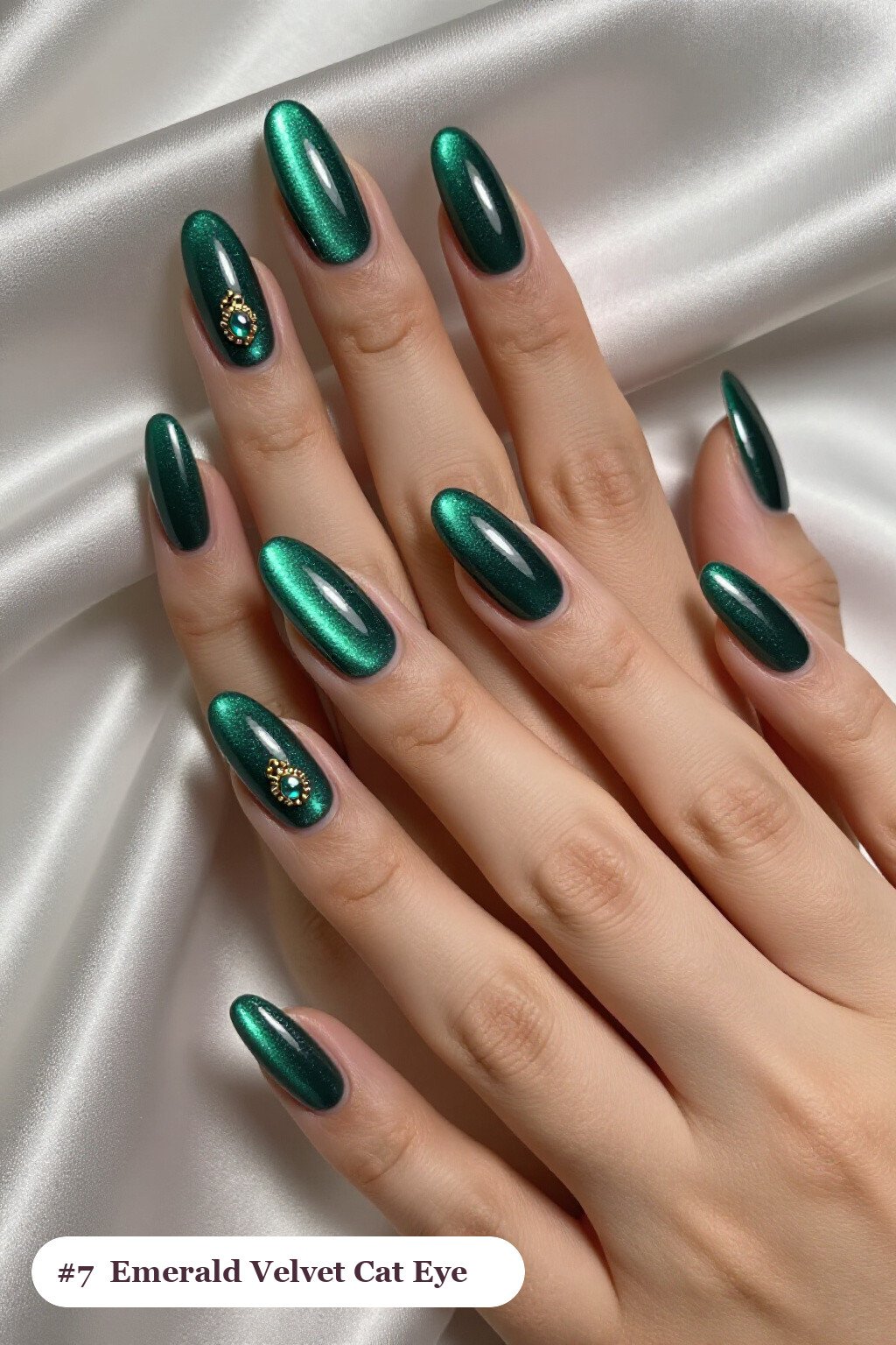 Emerald Coffin Cat Eye Nails with Velvet Shimmer and Gold Charm - winter nails cat eye