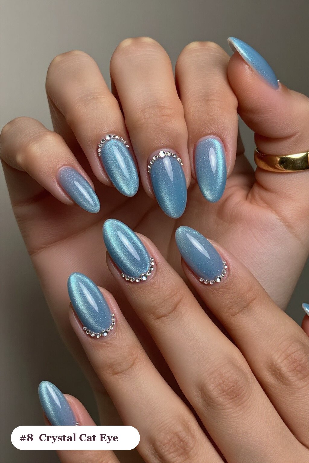 Icy Blue Coffin Cat Eye Nails Embellished with Crystal Rhinestone Rows - winter nails cat eye