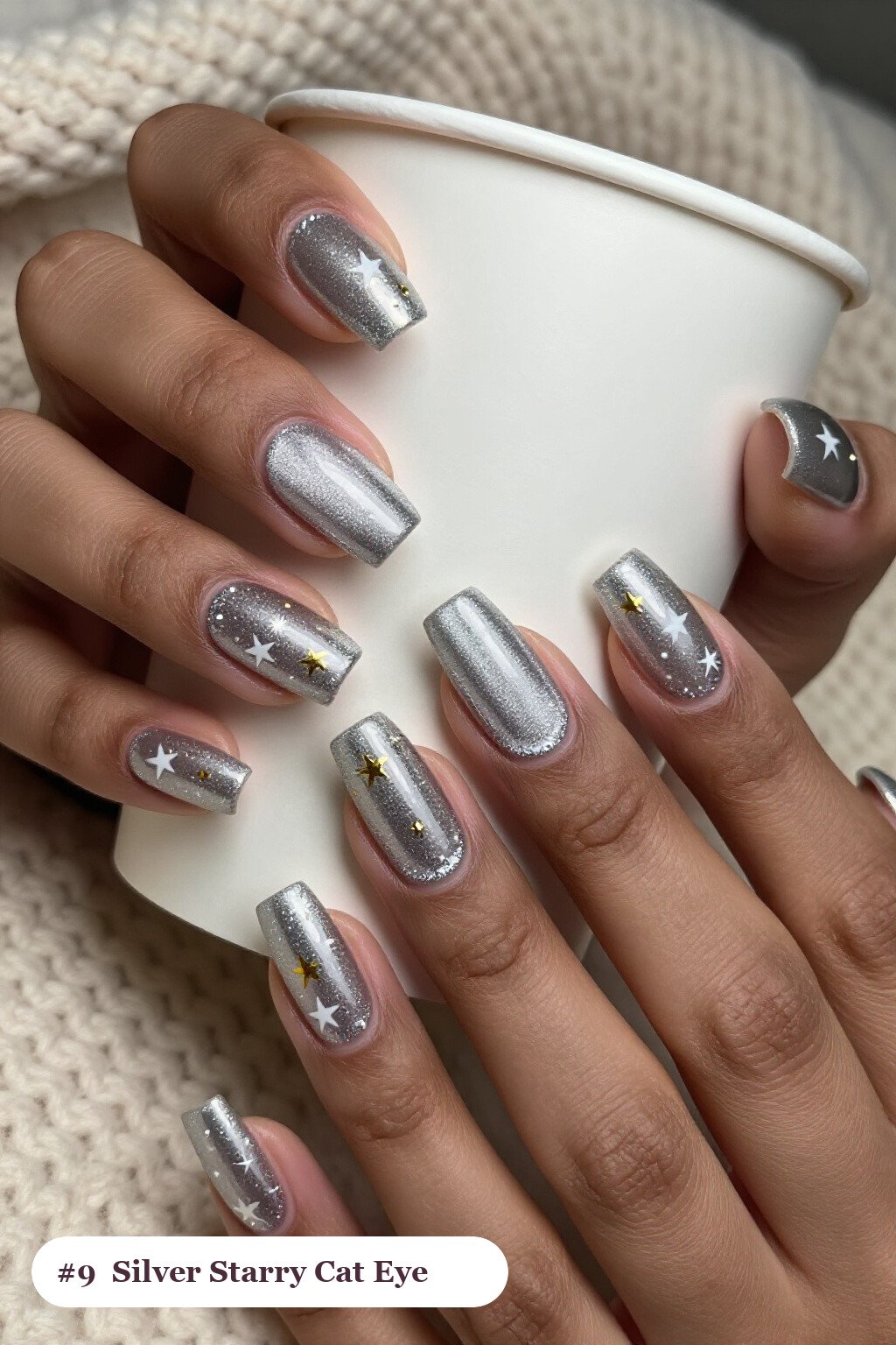 Silver Square Cat Eye Nails Adorned with White and Gold Stars - winter nails cat eye