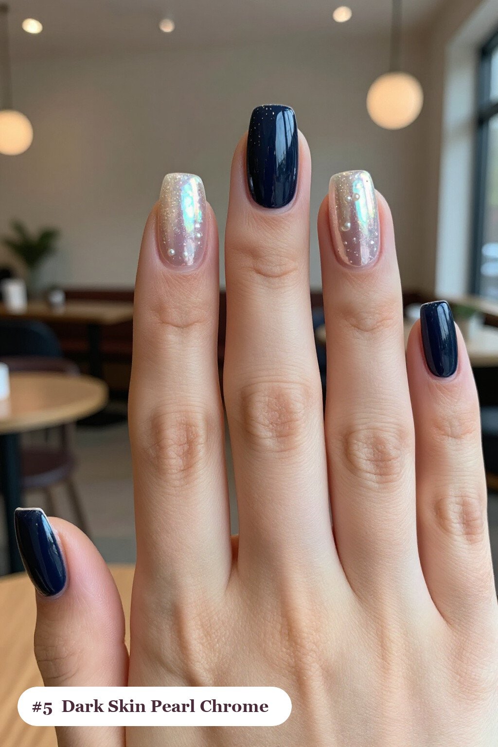 Long square deep navy dark skin nails with glazed pearl chrome over the colour for an iridescent sheen, perfect for winter - winter nails for dark skin