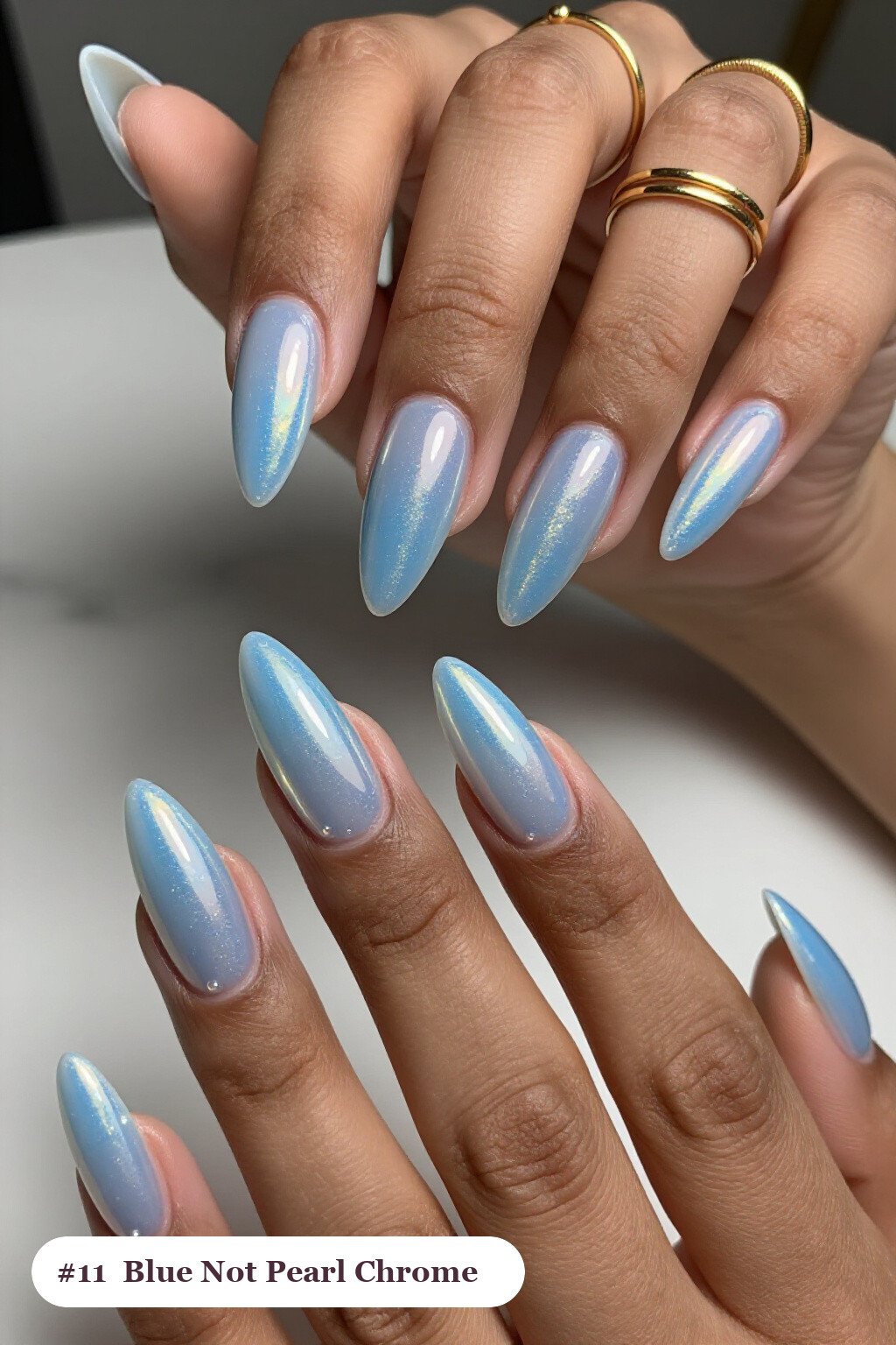 Icy Blue Glazed Pearl Chrome Stiletto: Iridescent Sheen - winter nails not christmas