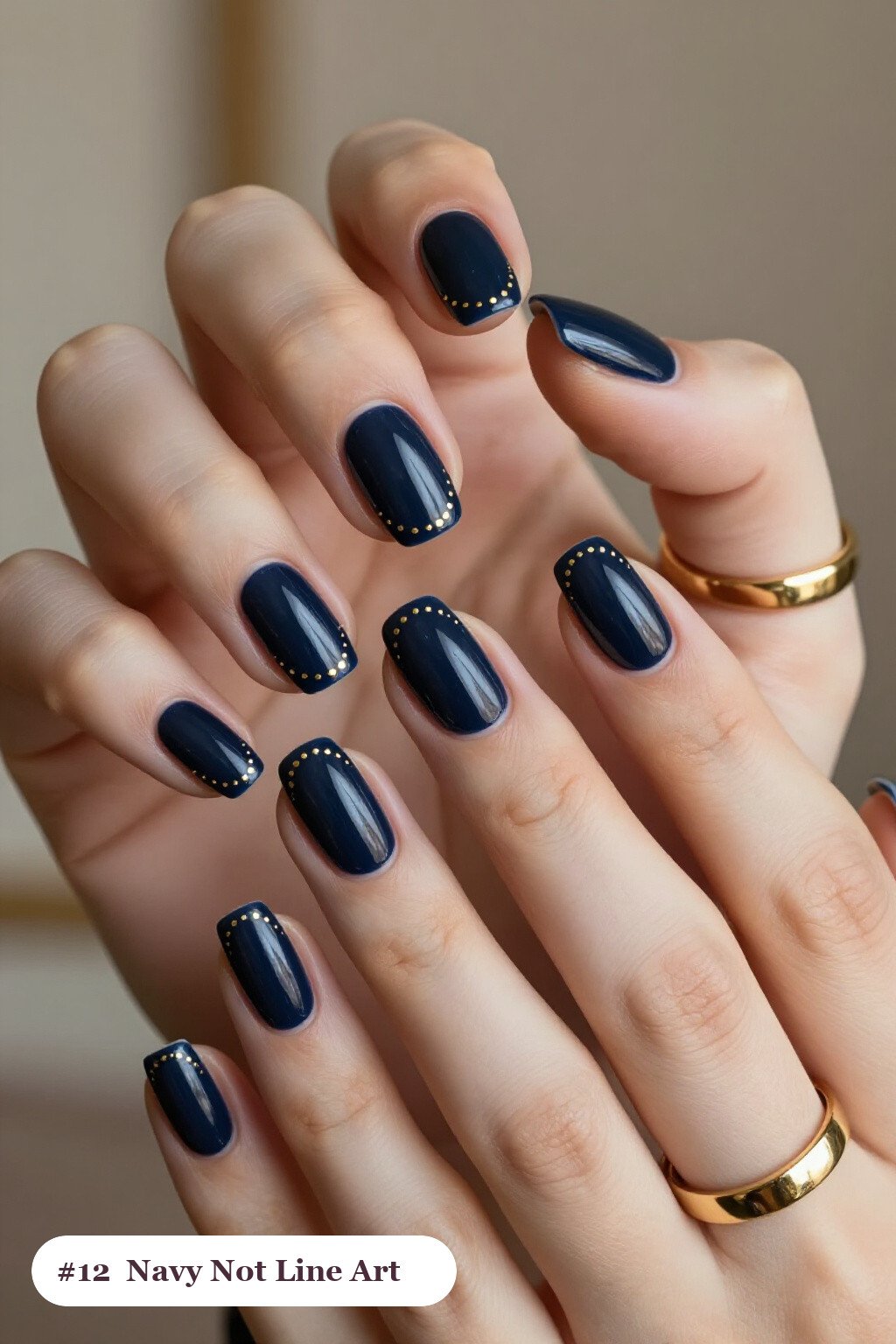 Deep Navy Medium Coffin with Fine Gold Line Art and Tiny Dots - winter nails not christmas