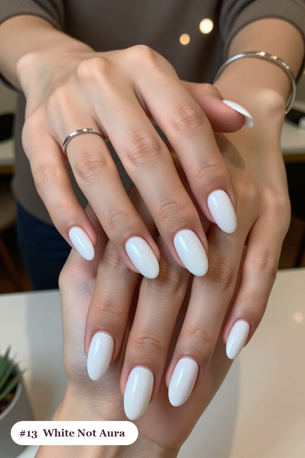 Snow White Airbrushed Aura Medium Almond: Glowing Center - winter nails not christmas