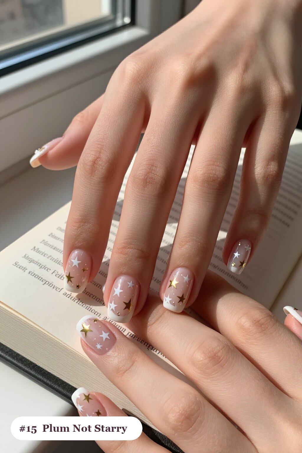 Plum Short Square with White and Gold Stars and Sparkles - winter nails not christmas