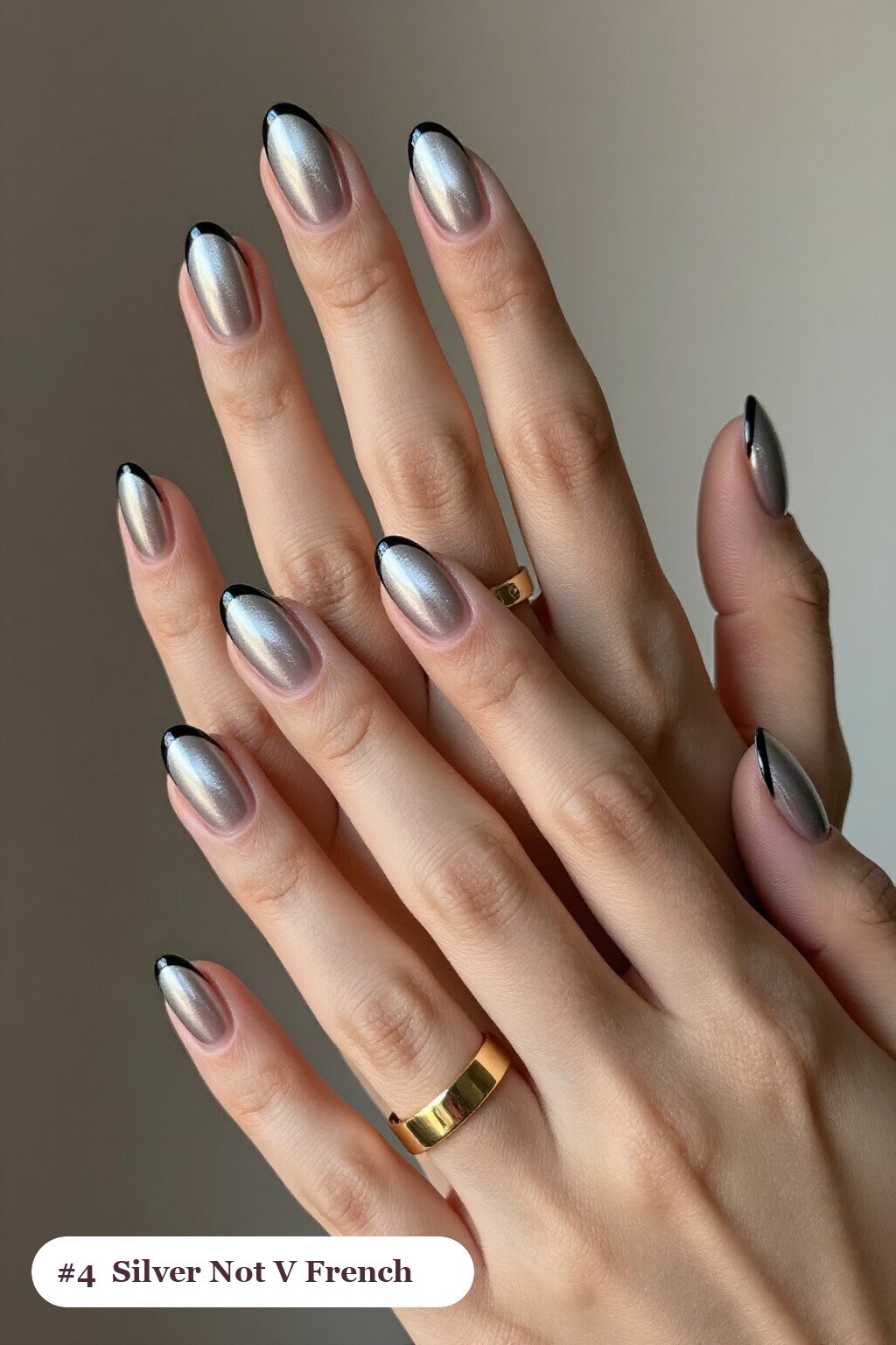 Silver V‑Tip Oval French: Deep Contrast for Chic Cool Vibes - winter nails not christmas