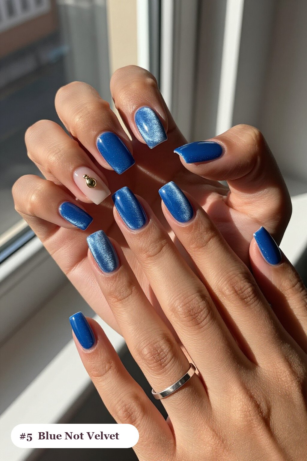Icy Blue Velvet‑Shimmer Square with Gold Charm: On Short Nails - winter nails not christmas