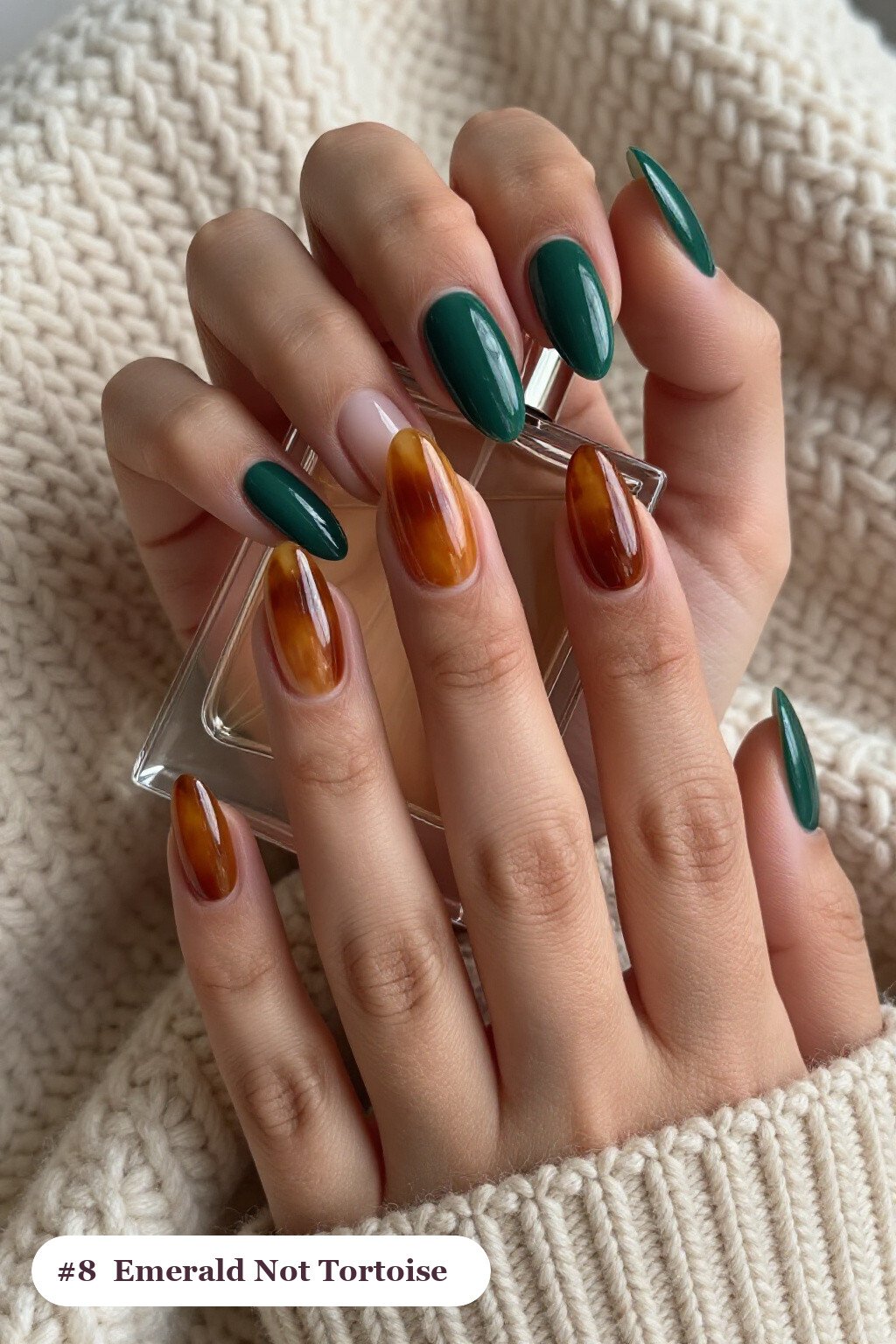 Emerald Long Almonds with Amber Tortoiseshell Accent Nails - winter nails not christmas
