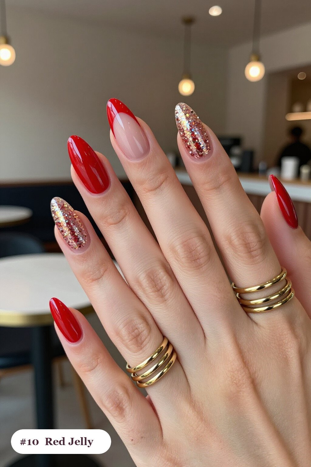 Long Coffin Jelly‑Finish Red Nails With Encapsulated Glitter and Gold Accents - winter red nails