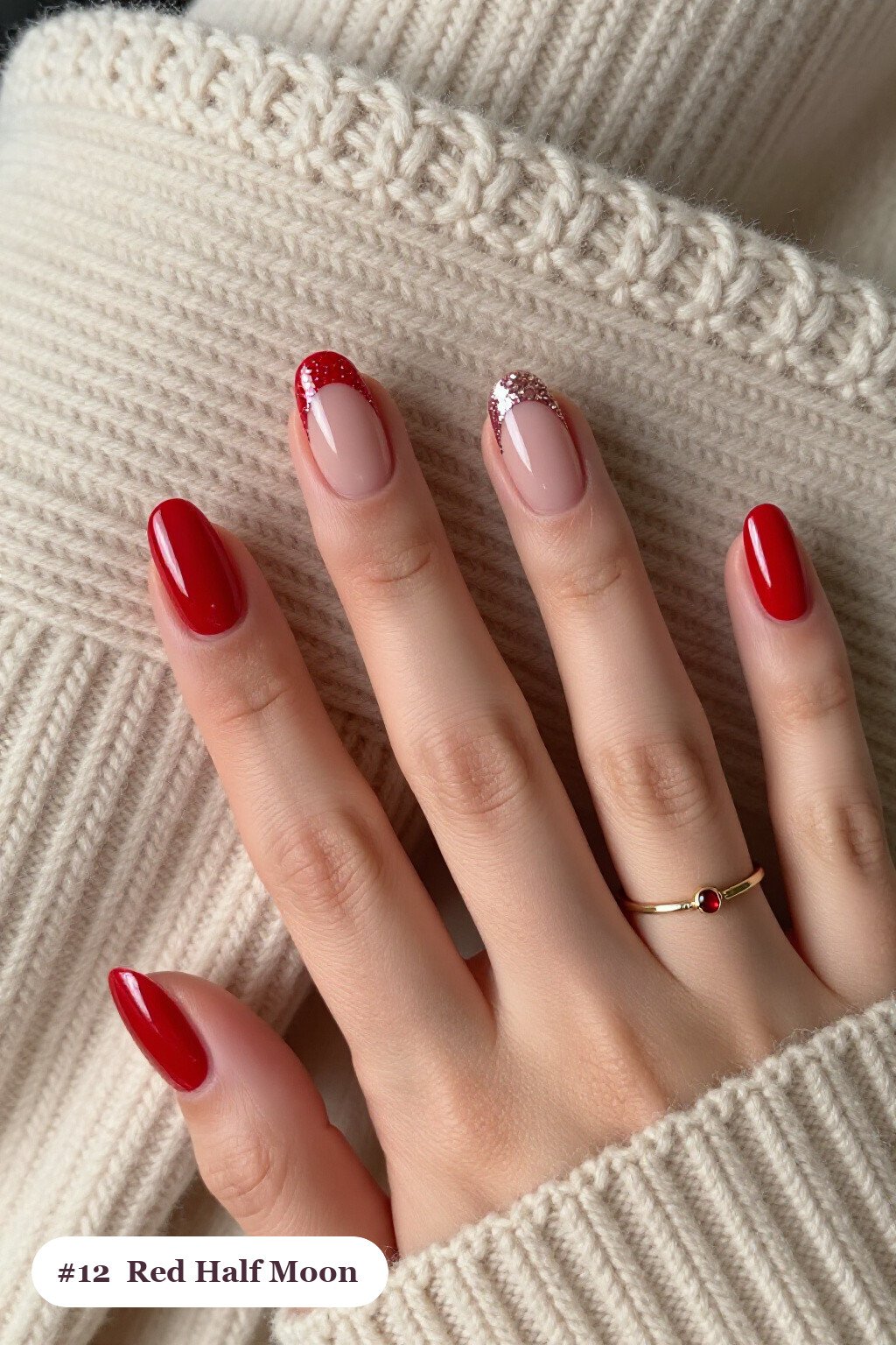 Medium Coffin Red Nails With Half‑Moon Glitter Crescent and Soft Nude Details - winter red nails