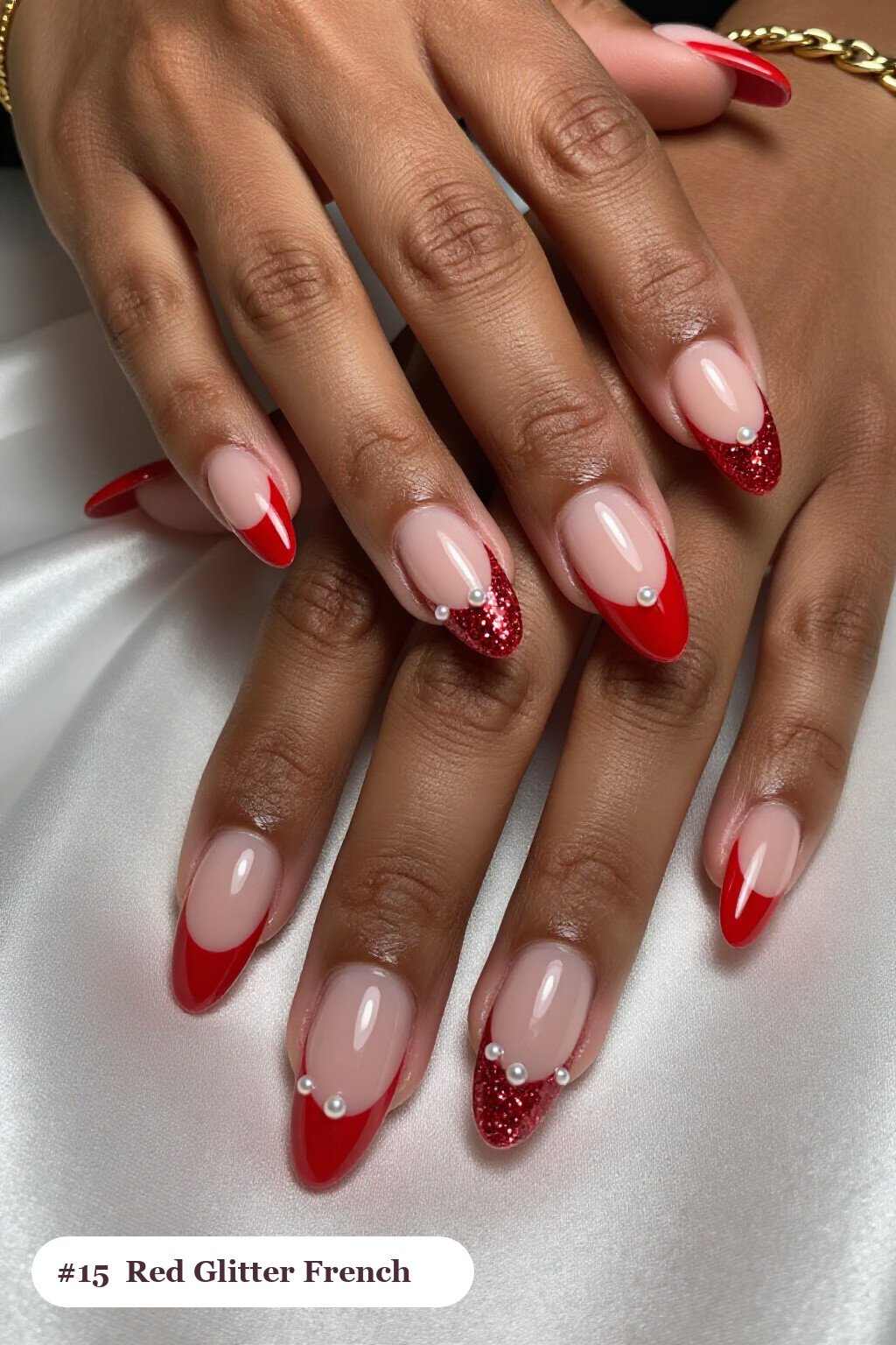 Medium Almond Red Glitter French Tips: On Short Nails - winter red nails
