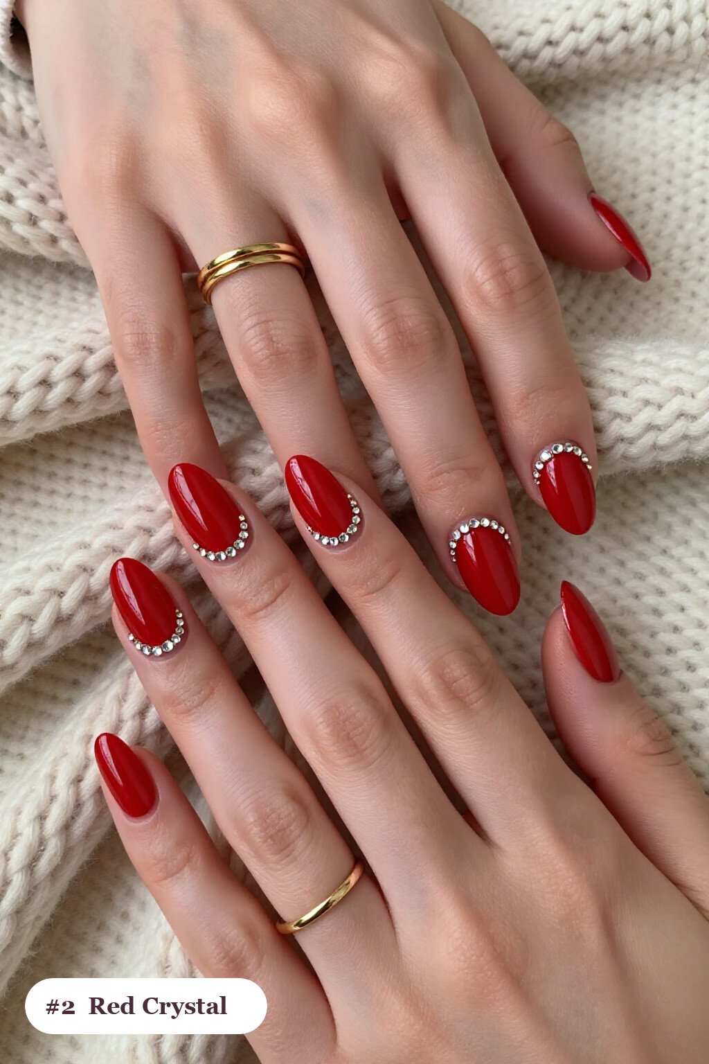 Medium Coffin Winter Red Nails Embellished With Crystal Rhinestones and Gold Accents - winter red nails