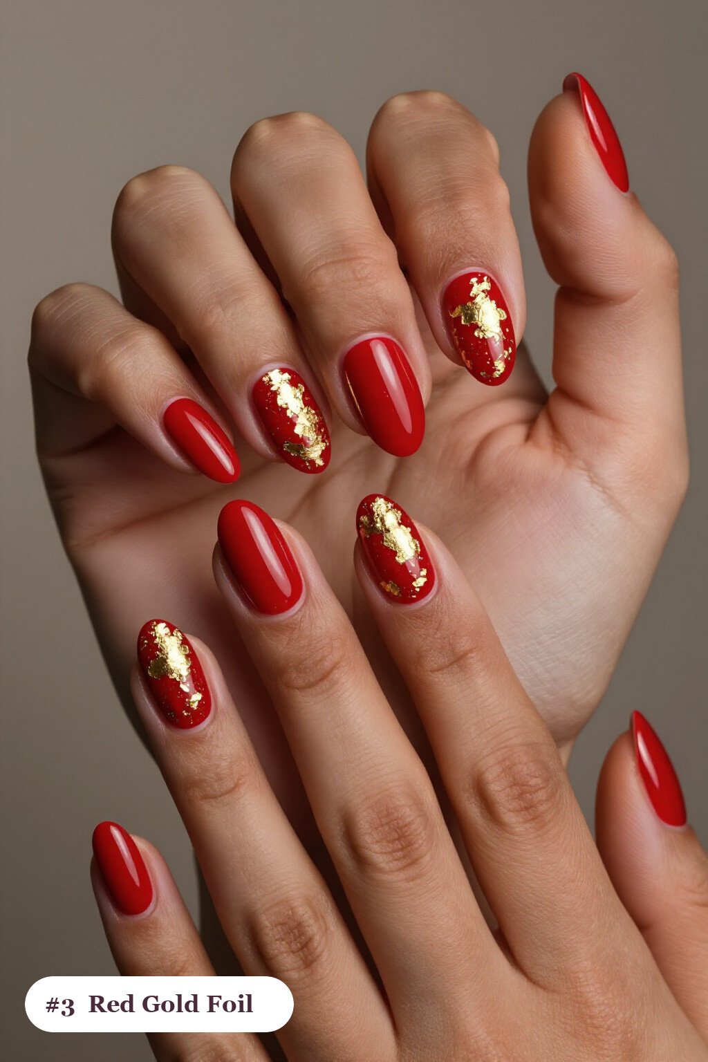 Medium Oval Winter Red Nails Covered In Gold Foil Flakes, Gold Leaf, Champagne Sparkle - winter red nails